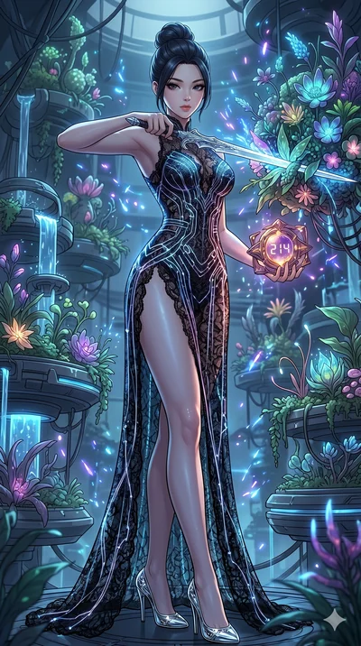 score_9, masterpiece, best quality, ultra-detailed, Set A: High-budget Anime Keyframe, Korean woman. Low angle cowboy shot filling the entire 9:16 frame with her statuesque presence. Drawing a blade through a floating botanical garden, holding a reli