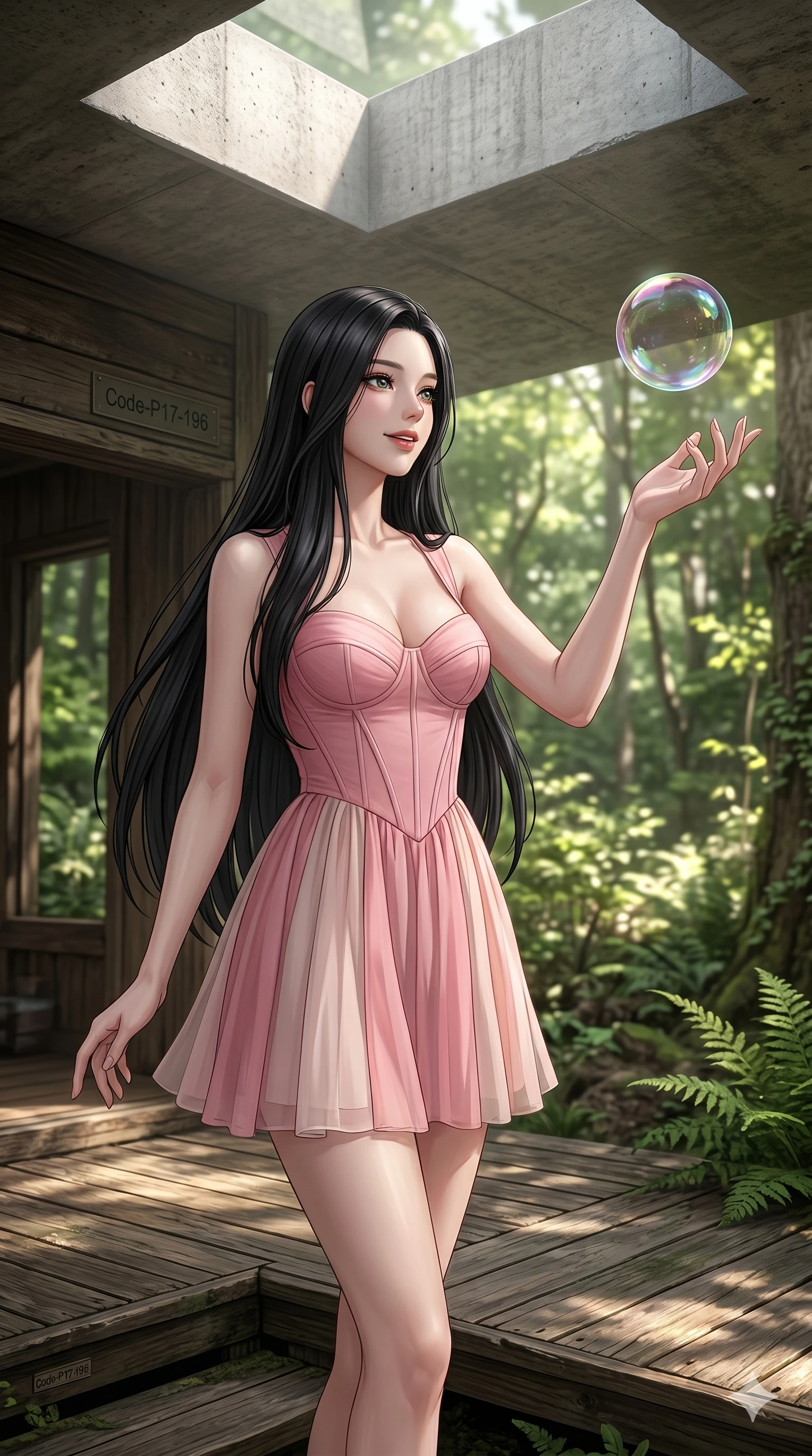 score_9, masterpiece, best quality, ultra-detailed, high-budget anime keyframe, editorial fashion photography, tasteful artistic composition, Korean woman. cowboy shot from the thighs up, character and outfit filling the frame for maximum editorial presence. reaching a hand towards a floating bubble, looking at it with a quiet smile on a secluded deck of a forest retreat (Code-P17-196). She has an absolutely perfect 8-heads proportion, an exceptionally tall and slender female figure with impossibly long slender legs and an ultra-slim waist. V-shaped jawline, high-bridge nose, intricate jewel-like eyes with depth, thick eyelashes, glossy lips with a natural sheen. wearing a fine chiffon dress with a pink structured bodice bodice. soft diffused light from a concrete skylight, highlighting her V-shaped jawline and nose. 2k, ultra detail, master piece, 9:16 ratio