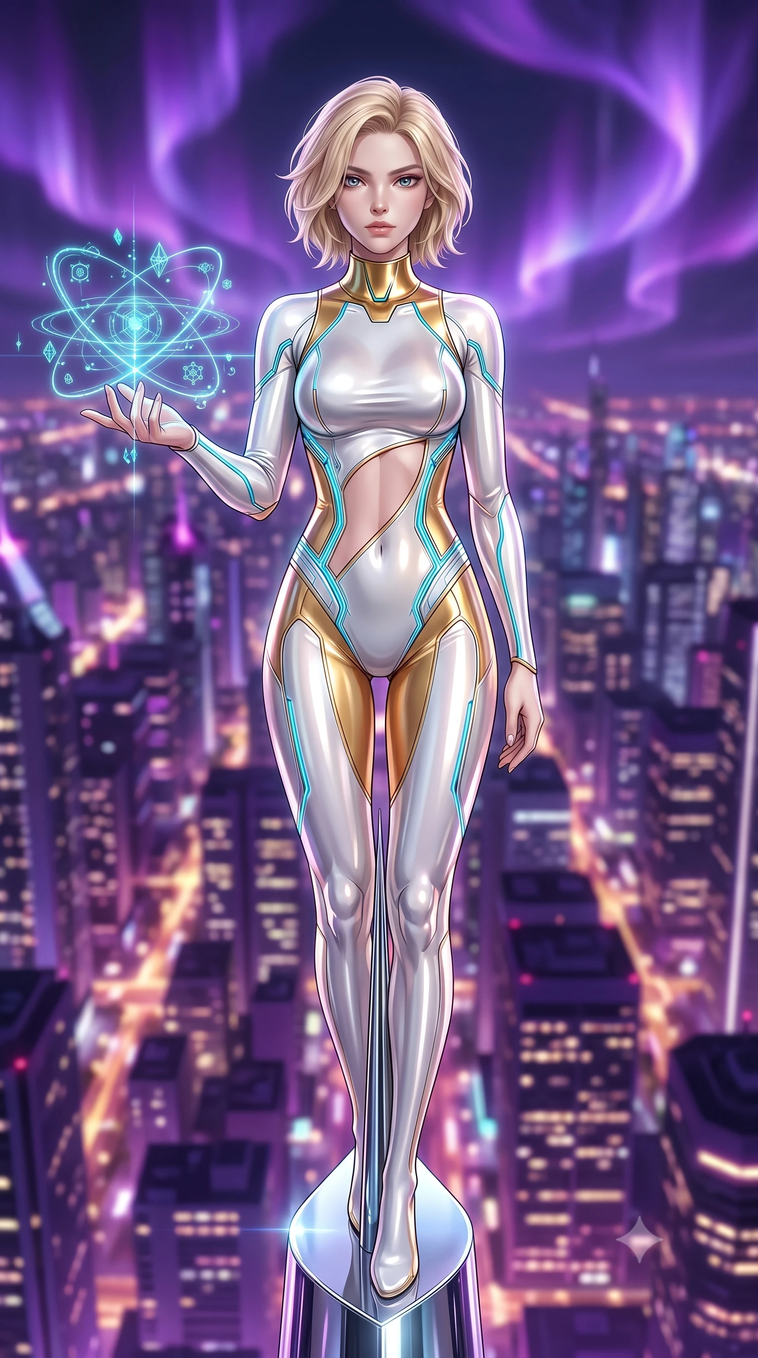 score_9, masterpiece, best quality, ultra-detailed, high-budget anime keyframe, editorial fashion photography, tasteful artistic composition, Caucasian woman. close-up cowboy shot from the waist and thighs up, the character dominates the composition, filling the frame with her large presence. extending one arm gracefully as floating holographic glyphs and nano-crystals orbit her fingertips with sovereign power while standing with statuesque majesty on the extreme chrome spire tip of a 200-story skyscraper above a neon metropolis. The composition keeps background elements in soft focus with creamy bokeh. swirling violet plasma aurora ribbons and glowing city grid lights blurred into rich purple, magenta, and gold bokeh. She has an exceptionally elegant, slender, and willowy female figure with an ultra-slim waist, a gracefully sculpted slender torso, toned flat midriff, and a refined slim silhouette. sharp v-shaped jawline, high-bridge nose, intricate jewel-like eyes with depth, thick eyelashes, glossy lips with a natural sheen, flawlessly proportioned anatomical accuracy, strict slender model proportions, natural body alignment, perfectly sculpted long slender limbs, ultra-slim waistline, clean dynamic posture without body distortion. wearing a second-skin white-and-gold high-fashion tech-bodysuit with diagonal midriff cutouts and glowing cyan fiber seams in pristine liquid pearl white and radiant solar gold trim, crafted from ultra-reflective second-skin liquid metal with a mirror-like polish, featuring a sleek aerodynamic collar framed by subtle glowing cybernetic accents, the liquid-tight tailored fabric emphasizing every curve of her tall, slender model proportions and sculptured silhouette during dynamic movement. illuminated by crisp white key lighting with sharp specular highlights tracing her ultra-slim waist and long legs. ultra-reflective glossy finish, specular highlights, dark metallic sheen, high-contrast stereoscopic depth, volumetric dynamic lighting, 2k, ultra detail, master piece, 9:16 ratio