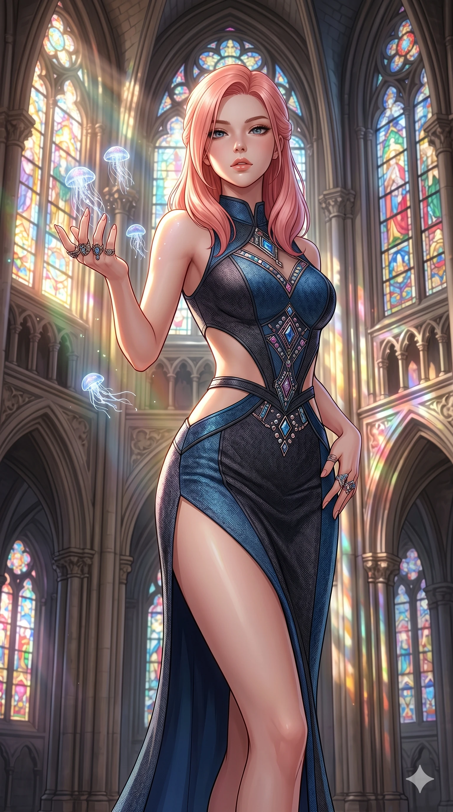 score_9, masterpiece, best quality, ultra-detailed, high-budget anime keyframe, editorial fashion photography, tasteful artistic composition, Japanese woman. cowboy shot from the thighs up, character and outfit filling the frame for maximum editorial presence. reaching a hand toward a floating jellyfish, looking at the camera in a gothic cathedral with stained-glass (Code-P17-134). She has an absolutely perfect 8-heads proportion, an exceptionally tall and slender female figure with impossibly long slender legs and an ultra-slim waist. V-shaped jawline, high-bridge nose, intricate jewel-like eyes with depth, thick eyelashes, glossy lips with a natural sheen. wearing a bodycon dress with high-slit and exposed waist. drenched in brilliant afternoon sunshine, highlighting her sleek silhouette and smooth skin. 2k, ultra detail, master piece, 9:16 ratio