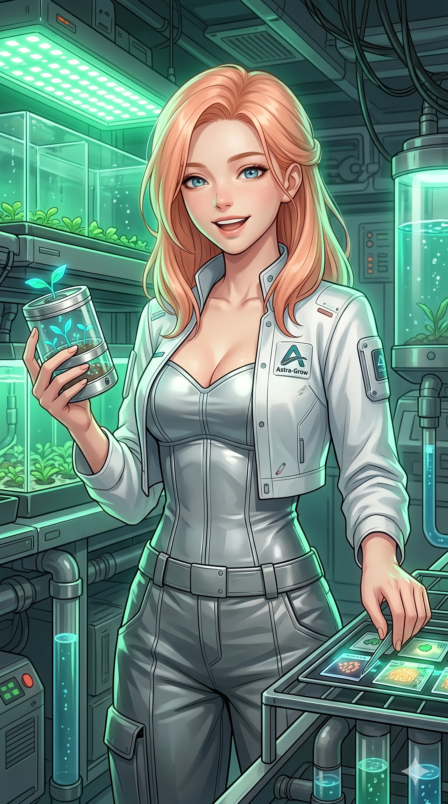 score_9, masterpiece, best quality, ultra-detailed, high-budget anime keyframe, Japanese woman. Upper body close-up from the thighs up, character filling the screen for maximum presence. Inside a space station hydroponics lab, inspecting glowing seeds, holding a small seedling container, looking at the camera with a gentle laugh. She is wearing a cropped lab coat over a structured silver bodice and utility trousers. The scene is lit by intense green growing lights and a soft white key light. 2k, ultra detail, master piece, 9:16 ratio