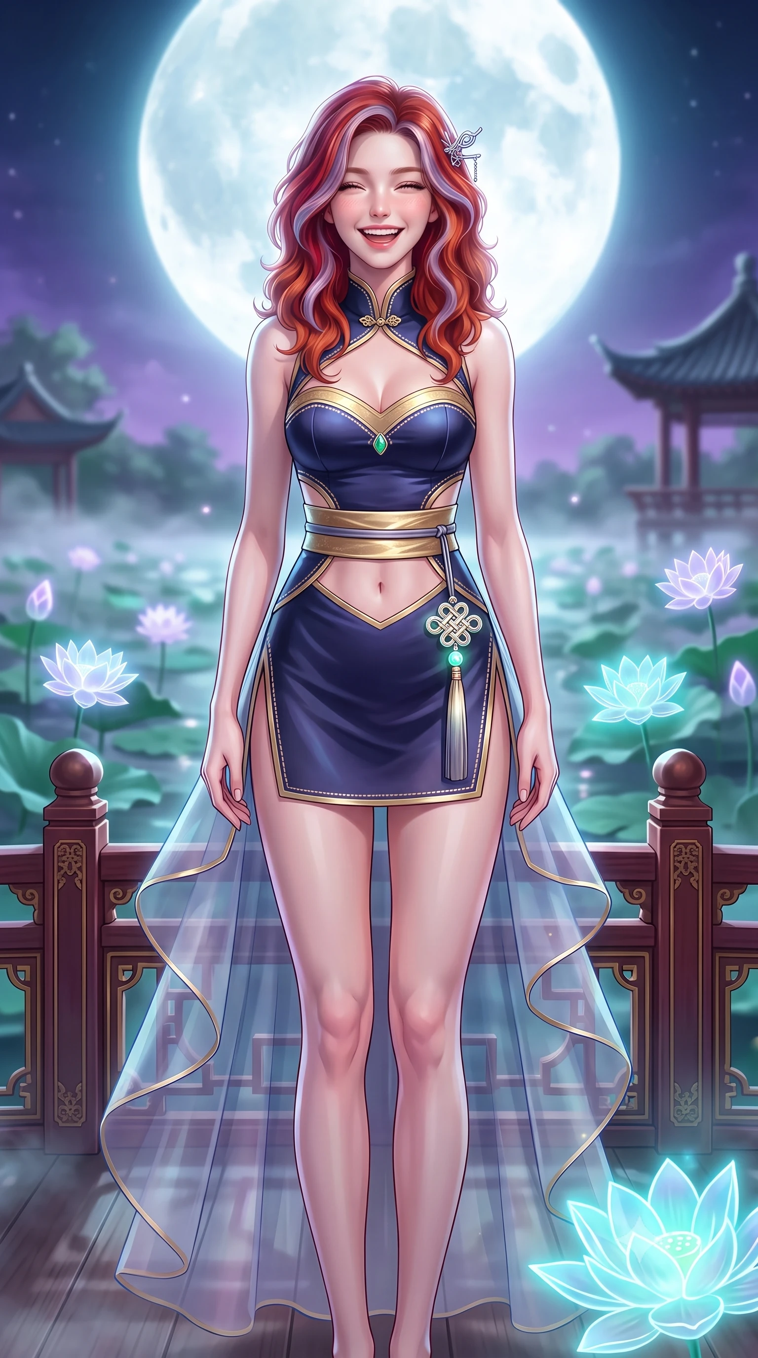 score_9, masterpiece, best quality, ultra-detailed, high-budget anime keyframe, semi-realistic 3D game render, editorial fashion photography, tasteful artistic composition, Caucasian woman. close-up cowboy shot from the waist and thighs up, the character dominates the composition, filling the frame with her large presence. laughing softly with genuine, enchanting warmth, eyes crinkling sweetly as specular highlights illuminate her cheeks while standing poised on an ornate lacquered wooden bridge over a mist-covered lotus pond beneath a colossal glowing full moon. The composition keeps background elements in soft focus with creamy bokeh. glowing holographic lotus flowers and distant pagoda rooflines blurred into ethereal jade, violet, and silver-white bokeh. She has an exceptionally elegant, slender, and willowy female figure with an ultra-slim waist, a gracefully sculpted slender torso, toned flat midriff, and a refined slim silhouette. sharp v-shaped jawline, high-bridge nose, intricate jewel-like eyes with depth, thick eyelashes, glossy lips with a natural sheen, captivating and magnetic expression, flawlessly proportioned anatomical accuracy, strict slender model proportions, natural body alignment, perfectly sculpted long slender limbs, ultra-slim waistline, clean dynamic posture without body distortion. wearing a jade-inlaid silk bustier dress with multi-tiered translucent organza train and metallic sash in midnight indigo and glowing starlight gold, tailored from traditional lustrous satin with delicate hand-stitched borders, accented with a glowing metallic norigae knot charm and silver hairpin, the precision-cut daring openings accentuating her delicate midriff, graceful bare collarbones, and ultra-slim feminine waistline. bathed in radiant silver-white full moon backlighting and soft cyan holographic lotus glow. highly saturated vibrant anime colors, detailed shading with soft gradients, rich glossy textures, high-contrast stereoscopic depth, volumetric dynamic lighting, master piece, 9:16 ratio