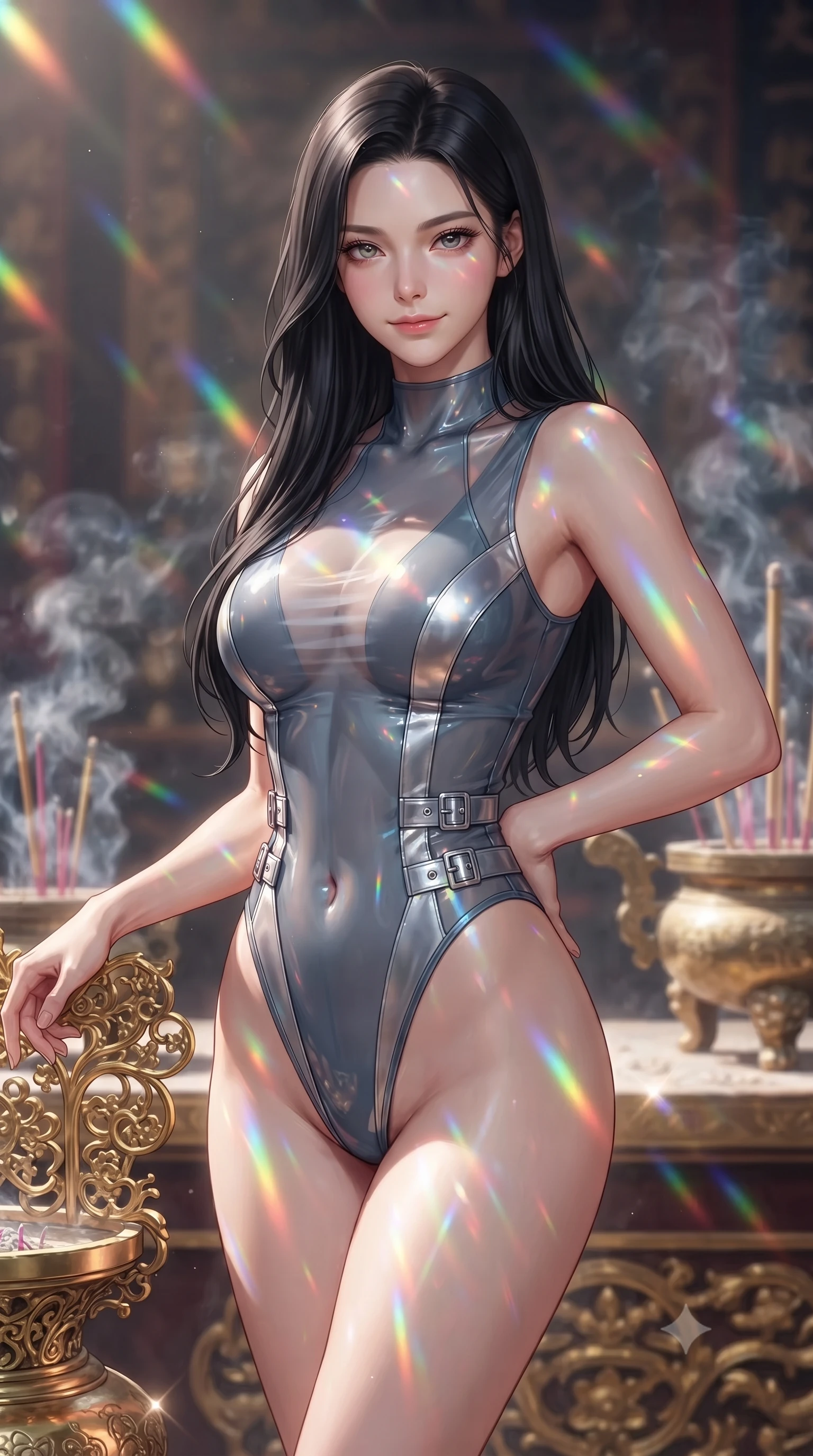 score_9, masterpiece, best quality, ultra-detailed, high-budget anime keyframe, editorial fashion photography, tasteful artistic composition, Korean woman. close-up cowboy shot from the waist and thighs up, the character dominates the composition, filling the frame with her large presence, background elements kept in soft focus. Smiling with quiet, magnetic self-assurance directly into the lens poised on a golden filigree altar surrounded by glowing incense vapors, vibrant rainbow light patterns projected across her skin and costume. She has an exceptionally elegant, slender, and willowy female figure with an ultra-slim waist, a gracefully sculpted slender torso, and a refined silhouette. sharp v-shaped jawline, high-bridge nose, intricate jewel-like eyes with depth, thick eyelashes, glossy lips with a natural sheen. wearing a high-cut translucent vinyl leotard with front paneling and open back in slate blue and metallic silver, woven from fine semi-opaque sheer organza, detailed with polished silver buckles along the waistline, the form-contouring material highlighting her ultra-slim waist and long lines. lit by bright sunbursts creating vivid, saturated color projections. ultra-reflective glossy finish, specular highlights, metallic sheen, high-contrast stereoscopic depth, volumetric dynamic lighting, 2k, ultra detail, master piece, 9:16 ratio