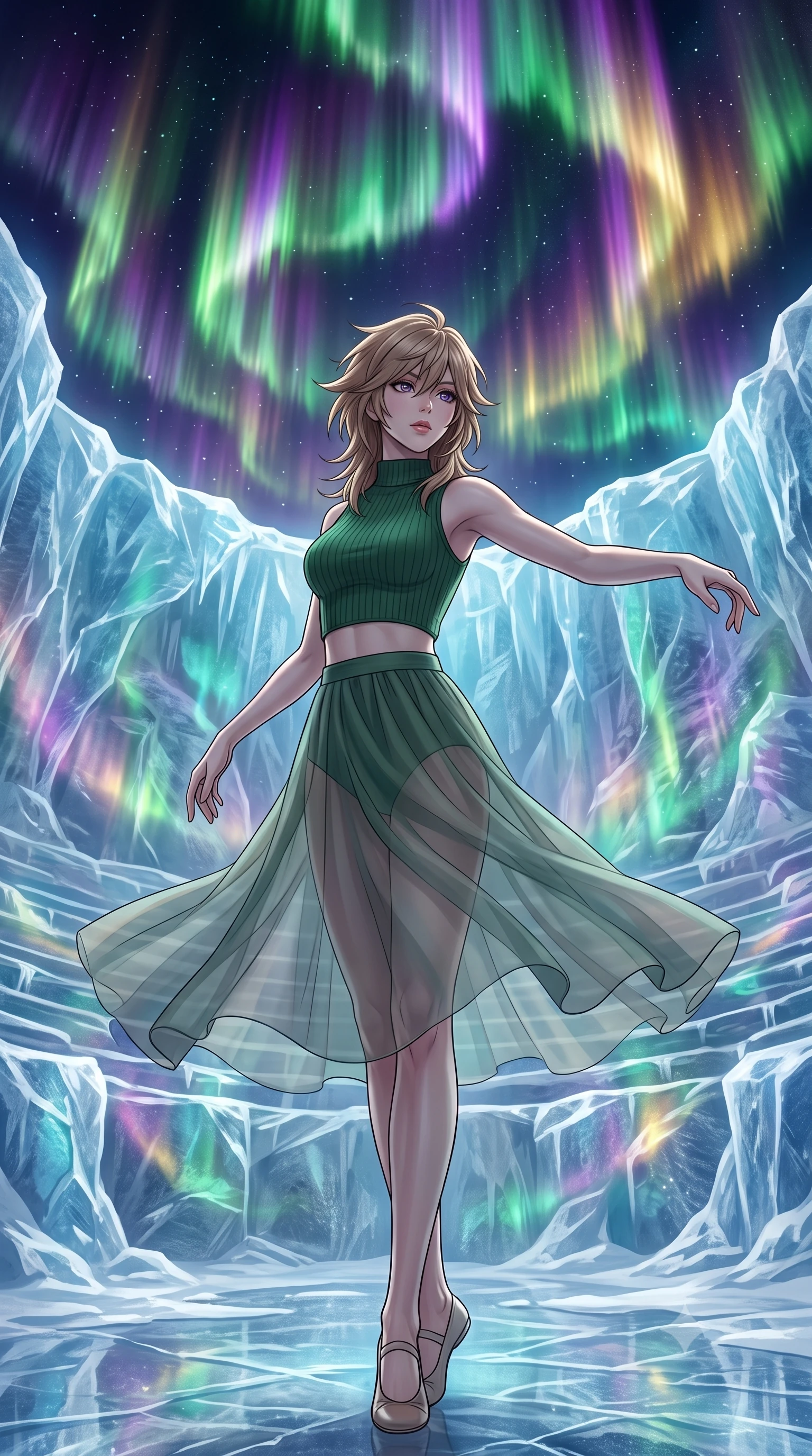 score_9, masterpiece, best quality, ultra-detailed, high-budget anime keyframe, editorial fashion photography, tasteful artistic composition, Japanese woman. low angle full-body shot from head to toe showing her feet, filling the entire 9:16 vertical frame with her statuesque presence, stretching her vertical silhouette. twirling with balletic elegance inside a natural ice amphitheater on a frozen planet where magnificent plasma auroras form a living curtain of green violet and gold serving as an ever-shifting cosmic stage backdrop. She has a statuesque 8.5-heads proportion, an exceptionally tall, slender and willowy model-like build with impossibly long legs and a highly sculpted ultra-slim waist. sharp v-shaped jawline, high-bridge nose, intricate jewel-like eyes with depth, thick eyelashes, glossy lips with a natural sheen. wearing a high-neck ribbed crop top in forest green, paired with a midi skirt featuring a sheer chiffon overlay revealing her legs. the aurora overhead casts shifting curtains of emerald green electric violet and solar gold light that sweep across the ice surfaces creating dynamic color-changing illumination. 2k, ultra detail, master piece, 9:16 ratio
