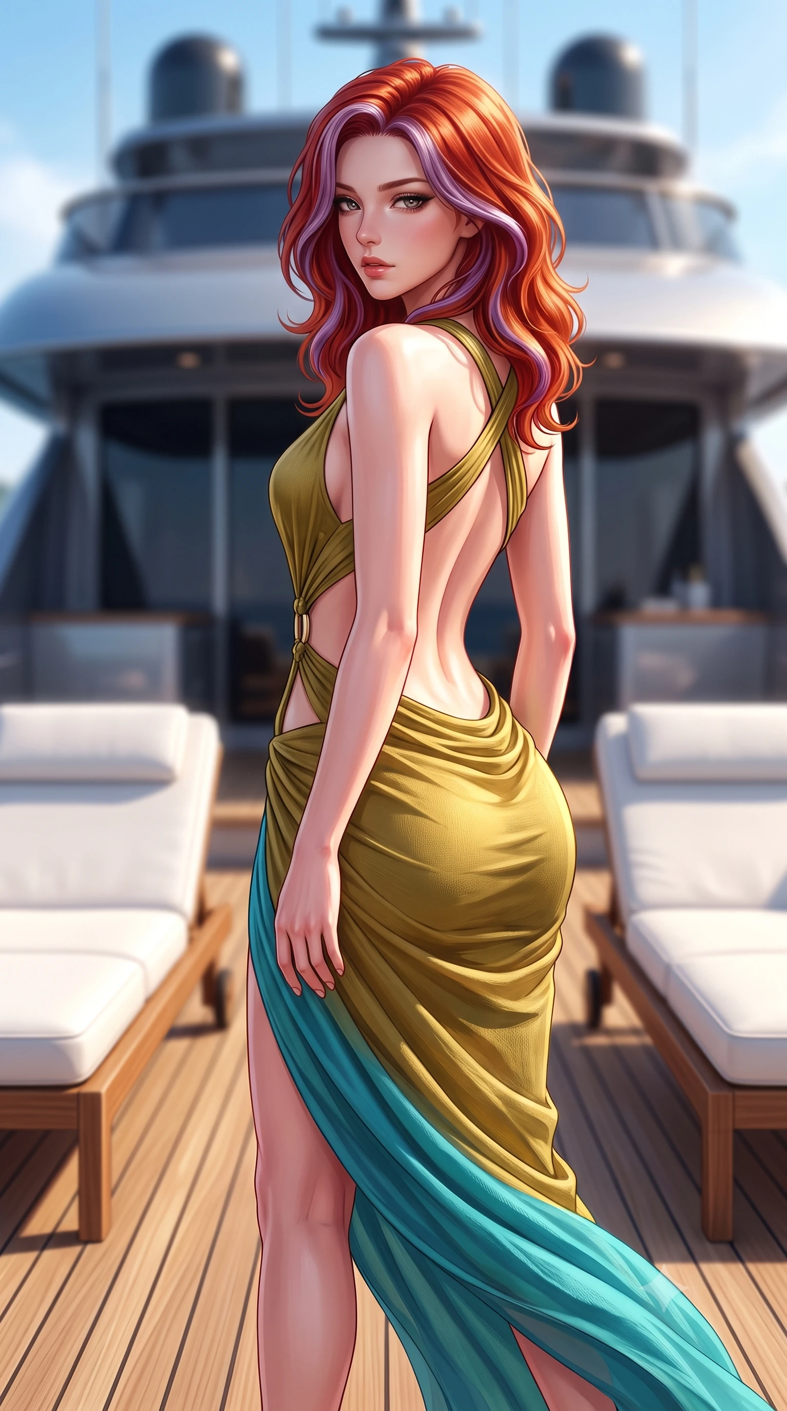 score_9, masterpiece, best quality, ultra-detailed, high-budget anime keyframe, semi-realistic 3D game render, editorial fashion photography, tasteful artistic composition, Caucasian woman. close-up cowboy shot from the waist and thighs up, the character dominates the composition, filling the frame with her large presence. twisting her slender torso in a deep contrapposto stance, hips dramatically shifted to accentuate her feminine curves while looking past her shoulder with smoldering bedroom-eyes while striding across the teak deck before pausing to pivot her hips in an alluring 3/4 rear view, sea breeze fluttering her form-fitting garments. The composition keeps background elements in soft focus with creamy bokeh. sleek yacht superstructure and white leather loungers softened in dreamy cinematic focus. She has an exceptionally elegant, slender, and willowy female figure with an ultra-slim waist, a gracefully sculpted slender torso, toned flat midriff, and rounded feminine hips creating an alluring hourglass silhouette. sharp v-shaped jawline, high-bridge nose, intricate jewel-like eyes with depth, thick eyelashes, glossy parted lips with a natural sheen, intensely captivating and seductive bedroom-eyes expression, flawlessly proportioned anatomical accuracy, strict slender model proportions, natural body alignment, perfectly sculpted long slender limbs, ultra-slim waistline, clean dynamic posture without body distortion. wearing a daring cutout silk chiffon gown with an exposed midriff ring and a draped hip-hugging sarong skirt in olive gold and Mediterranean turquoise, crafted from breathable crinkled linen and lightweight modal knit, accented with criss-cross back straps highlighting her graceful bare spine, the precision-cut side openings and low-back scoop framing her graceful spine and the sensual sweep of her hips. surrounded by an opulent, sun-drenched, and breathtakingly seductive jet-set heiress aura. highly saturated vibrant anime colors, detailed shading with soft gradients, rich glossy textures, high-contrast stereoscopic depth, volumetric dynamic lighting, master piece, 9:16 ratio