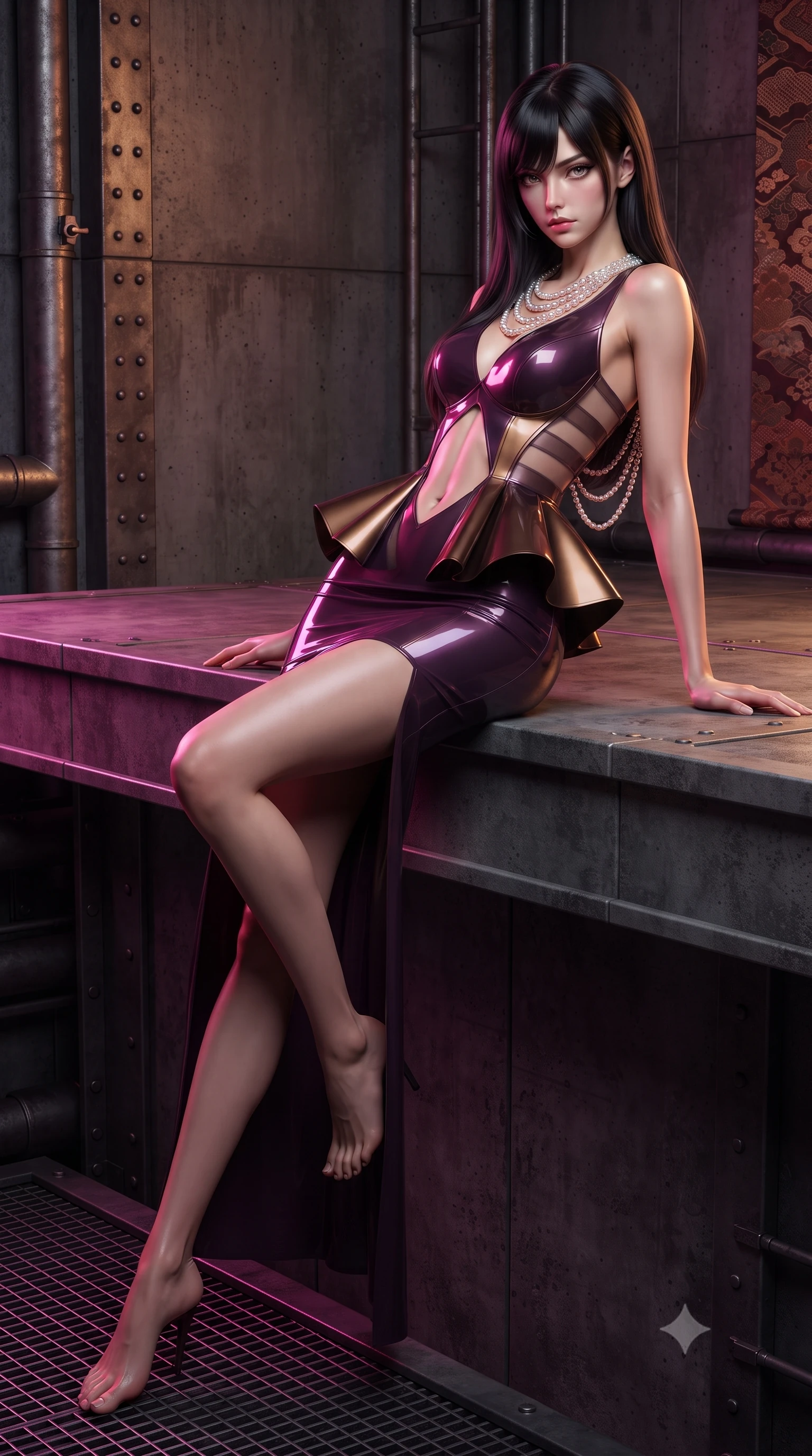 score_9, masterpiece, best quality, ultra-detailed, high-budget anime keyframe, editorial fashion photography, tasteful artistic composition, Caucasian woman. low angle full-body shot from head to toe showing her feet, filling the entire 9:16 vertical frame with her statuesque presence, stretching her vertical silhouette. sitting perched on the elevated edge with hips angled toward the camera and legs crossed, displaying her toned midriff and flawlessly sculpted slender limbs while reclining languidly on a tufted velvet floor cushion propped on one elbow, her slender waist and curved hips highlighted by neon pink and amber chiaroscuro. The surrounding environment is rendered in vivid detail and crisp panoramic clarity. detailed silk kimono brocade weave, soft skin specular highlights, and industrial pipe rivets in high clarity. She has an exceptionally tall and slender model-like 8.5-heads proportion, an ultra-slim waist, a flat toned midriff, narrow delicate ribcage, and beautifully sculpted feminine hips creating a graceful, slim hourglass silhouette without any bulky heaviness, with impossibly long slender legs. sharp v-shaped jawline, high-bridge nose, intricate jewel-like eyes with depth, thick eyelashes, glossy parted lips with a natural sheen, intensely captivating and seductive bedroom-eyes expression, flawlessly proportioned anatomical accuracy, strict slender model proportions, natural body alignment, perfectly sculpted long slender limbs, ultra-slim waistline, clean dynamic posture without body distortion. wearing a structural geometric peplum gown with sheer side-ribbon cutouts and form-fitting skirt in deep plum violet and antique bronze, tailored from second-skin aerodynamic stretch vinyl with specular wet sheen, accented with a multi-strand pearl back necklace cascading down her bare spine to her hips, the form-contouring material adhering flawlessly to her sculpted flat midriff and slender torso, emphasizing her long leg lines and perfectly proportioned willowy build. illuminated by crisp directional edge lights defining her sculpted collarbones, ultra-slim waist, and curvy hips. ultra-reflective glossy finish, specular highlights, rich textural contrasts, high-contrast stereoscopic depth, volumetric dynamic lighting, 2k, ultra detail, master piece, 9:16 ratio