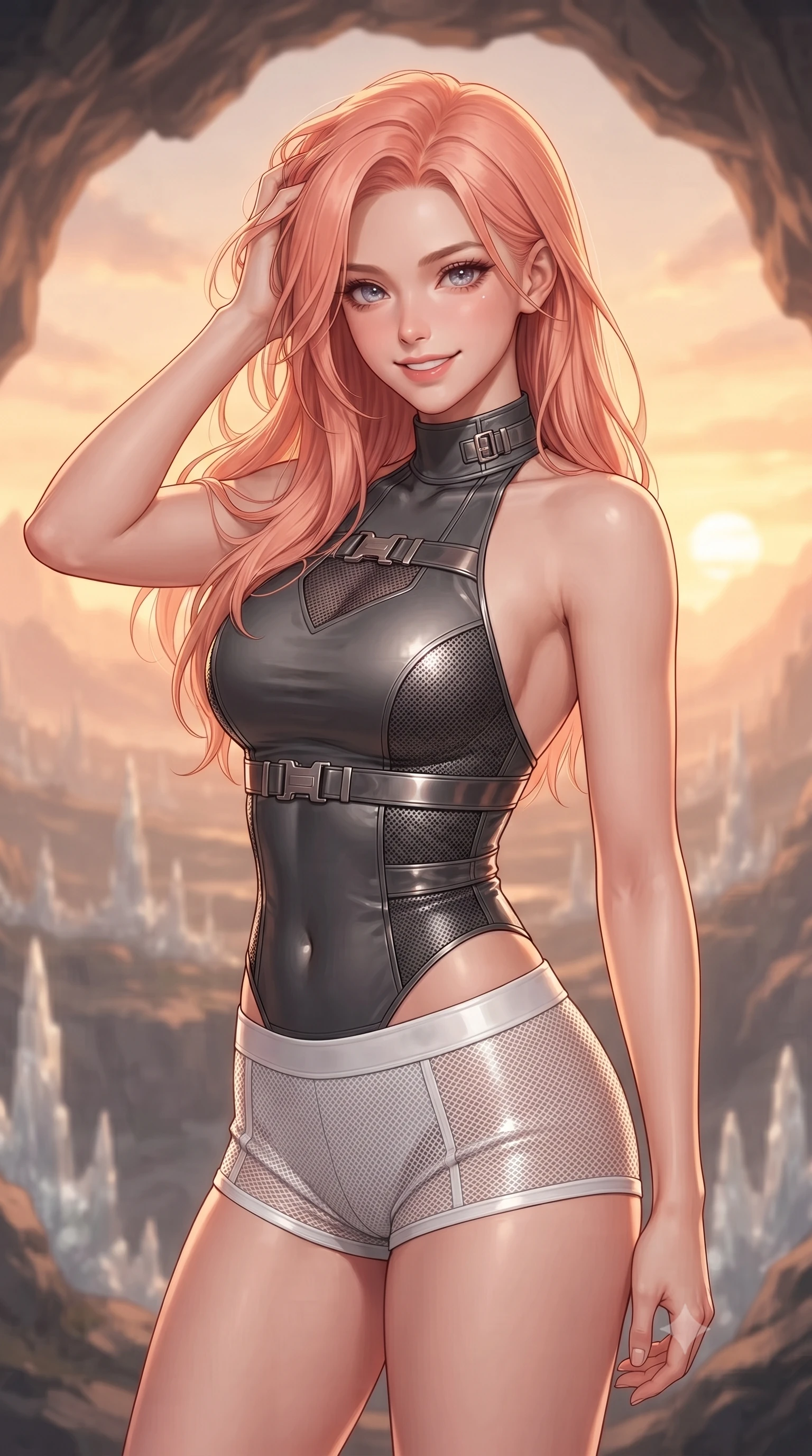 score_9, masterpiece, best quality, ultra-detailed, high-budget anime keyframe, editorial fashion photography, tasteful artistic composition, Japanese woman. close-up cowboy shot from the waist and thighs up, the character dominates the composition, filling the frame with her large presence, background elements kept in soft focus. slowly running a hand through her hair, smiling with quiet, magnetic self-assurance directly into the camera, the background shows a soft-focus a crystal spires valley view from a high cavern opening in a mountain cliff. She has an exceptionally elegant, slender, and willowy female figure with an ultra-slim waist, a gracefully sculpted slender torso, and a refined silhouette. sharp v-shaped jawline, high-bridge nose, intricate jewel-like eyes with depth, thick eyelashes, glossy lips with a natural sheen. wearing a form-contouring backless combat halter top in charcoal grey, paired with white carbon-mesh micro-shorts. warm sunset light from a distant binary sun, casting a peaceful orange wash. ultra-reflective glossy finish, specular highlights, metallic sheen, high-contrast stereoscopic depth, volumetric dynamic lighting, 2k, ultra detail, master piece, 9:16 ratio