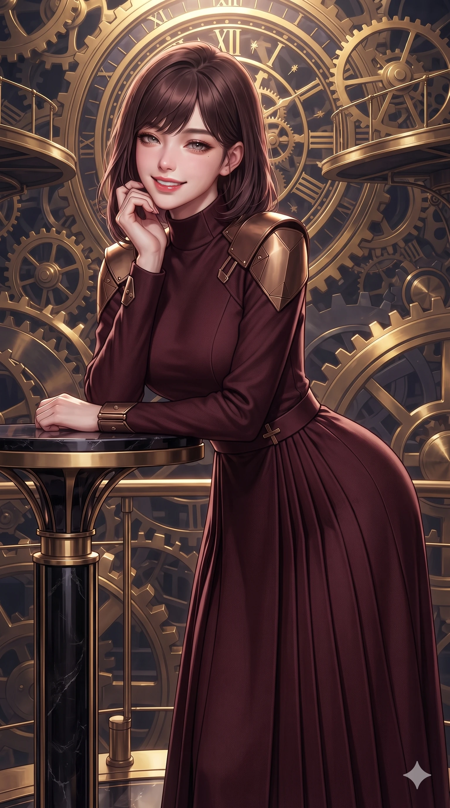 score_9, masterpiece, best quality, ultra-detailed, high-budget anime keyframe, editorial fashion photography, tasteful artistic composition, Korean woman. close-up cowboy shot from the waist and thighs up, the character dominates the composition, filling the frame with her large presence. resting one elbow on the table and supporting her chin, leaning close to the camera with heavy-lidded sparkling eyes and parted lips while standing poised on the suspended observation bridge amidst monumental interlocking brass and obsidian gear trains, arching her back with siren allure as celestial clockwork ticks. The surrounding environment is rendered in vivid detail and crisp panoramic clarity: detailed haute-couture tailoring, wet-look liquid fabric drape, and colossal horological architecture in razor-sharp precision. She has an exceptionally elegant, slender, and willowy female figure with an ultra-slim waist, flat toned midriff, narrow ribcage, and sculpted feminine hips creating an alluring, slim hourglass silhouette without bulk. sharp v-shaped jawline, high-bridge nose, intricate jewel-like sparkling eyes with depth, thick eyelashes, glossy parted lips with a natural peach sheen, bright cheerful beaming smile with an enchanting and coquettish sensual glint, exuding both youthful cute charm and seductive allure, flawlessly proportioned anatomical accuracy, strict slender model proportions, natural body alignment, perfectly sculpted long slender limbs, ultra-slim waistline, clean dynamic posture without body distortion. wearing an elegant high-neck silk georgette diplomatic gown with structured geometric shoulder plates and pleated A-line skirt in deep burgundy and bronze accents, crafted from bespoke double-faced cashmere with an exceptionally soft tactile finish, finished with sleek magnetic buckle closures fluttering in the breeze, the bespoke structured tailoring following the natural line of her 8.5-heads silhouette with refined elegance. illuminated by gear train reflection bounce and sharp gold-violet rim lights sculpting her razor-sharp jawline, narrow waist, and curvy hips. ultra-reflective glossy finish, specular highlights, rich textural contrasts, high-contrast stereoscopic depth, volumetric dynamic lighting, 2k, ultra detail, master piece, 9:16 ratio