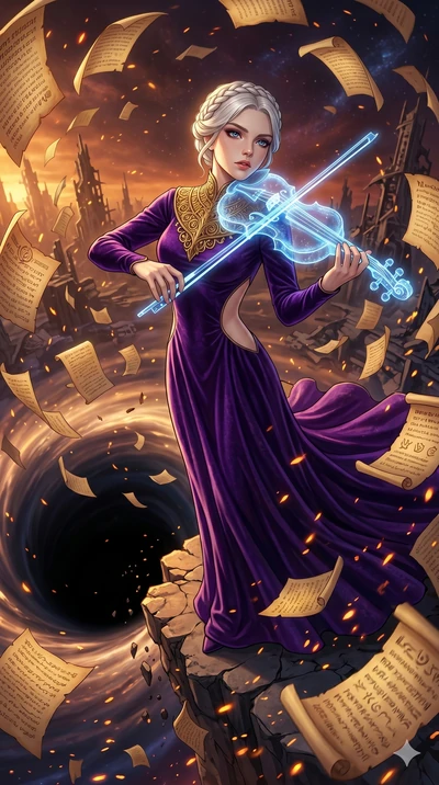 score_9, masterpiece, best quality, ultra-detailed, Set A: High-budget Anime Keyframe, Caucasian (human ears) woman. Low angle cowboy shot filling the entire 9:16 frame with her statuesque presence. Theme: Urban Decay. playing a holographic violin in
