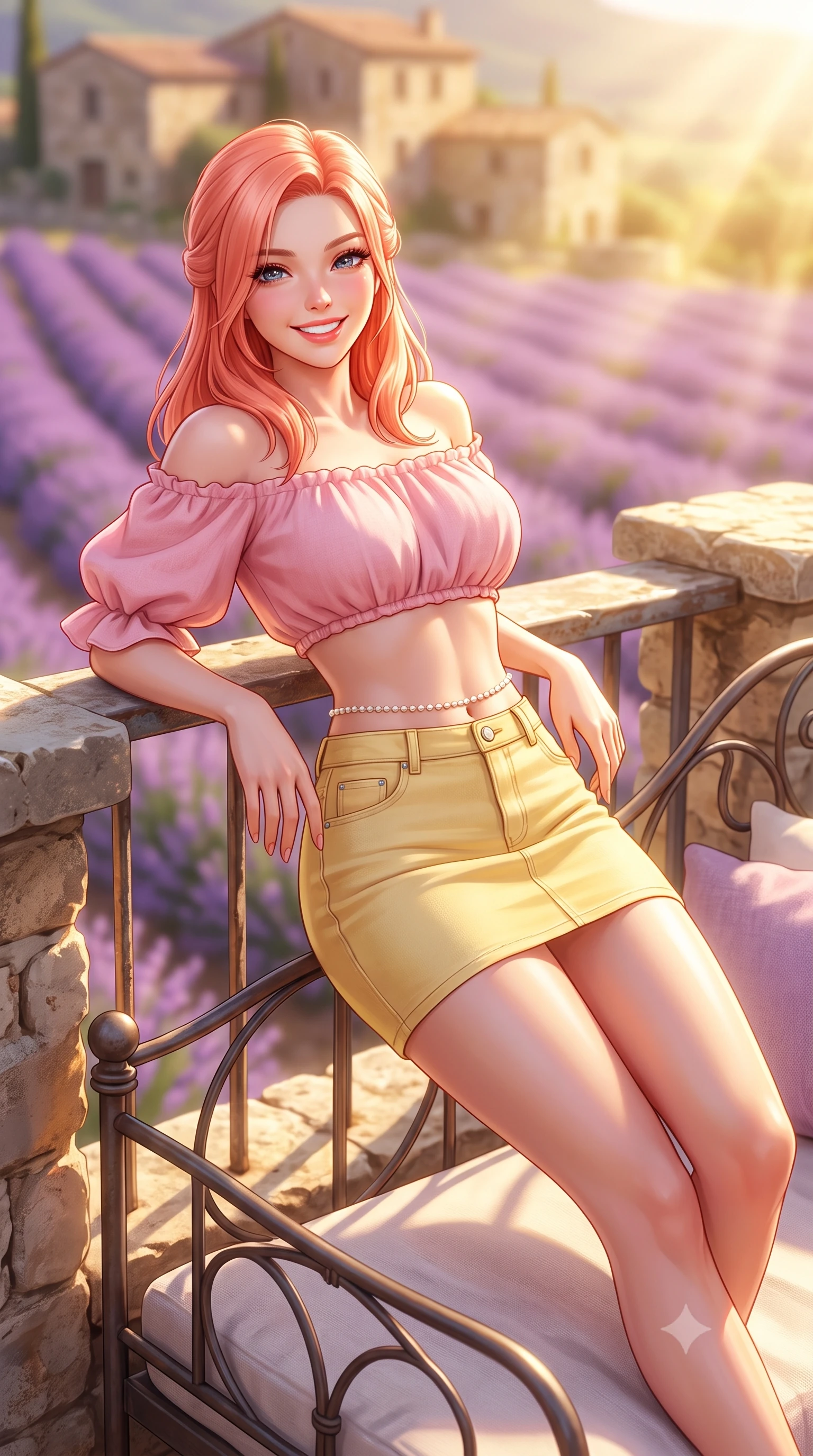 score_9, masterpiece, best quality, ultra-detailed, high-budget anime keyframe, semi-realistic 3D game render, editorial fashion photography, tasteful artistic composition, Japanese woman. close-up cowboy shot from the waist and thighs up, the character dominates the composition, filling the frame with her large presence. leaning back against the sunlit railing with relaxed seductive grace, her flat midriff and narrow waist highlighted as she smiles brightly with bewitching eyes while reclining on a vintage iron daybed propped on one elbow, her flat midriff and willowy curves bathed in golden French countryside light. The composition keeps background elements in soft focus with dreamy creamy bokeh. undulating purple lavender rows and ancient stone farmhouses blurred into radiant violet, lilac, and golden honey bokeh. She has an exceptionally elegant, slender, and willowy female figure with an ultra-slim waist, flat toned midriff, narrow ribcage, and sculpted feminine hips creating an alluring, slim hourglass silhouette without bulk. sharp v-shaped jawline, high-bridge nose, intricate jewel-like sparkling eyes with depth, thick eyelashes, glossy parted lips with a natural peach sheen, bright cheerful beaming smile with an enchanting and coquettish sensual glint, exuding both youthful cute charm and seductive allure, flawlessly proportioned anatomical accuracy, strict slender model proportions, natural body alignment, perfectly sculpted long slender limbs, ultra-slim waistline, clean dynamic posture without body distortion. wearing an off-shoulder puff-sleeve crop blouse with a tight high-waisted denim A-line mini skirt emphasizing her curvy hips in sweet strawberry milk pink and butter yellow, crafted from soft breathable linen with effortless natural drape, accented with a dainty pearl waist chain catching the ambient sunlight, the form-contouring cut accentuating her sculpted flat midriff, narrow delicate ribcage, and gracefully curvy hips with supermodel precision. bathed in brilliant golden hour southern French sunlight streaming across the purple hillside. highly saturated vibrant anime colors, detailed shading with soft gradients, rich glossy textures, high-contrast stereoscopic depth, volumetric dynamic lighting, master piece, 9:16 ratio