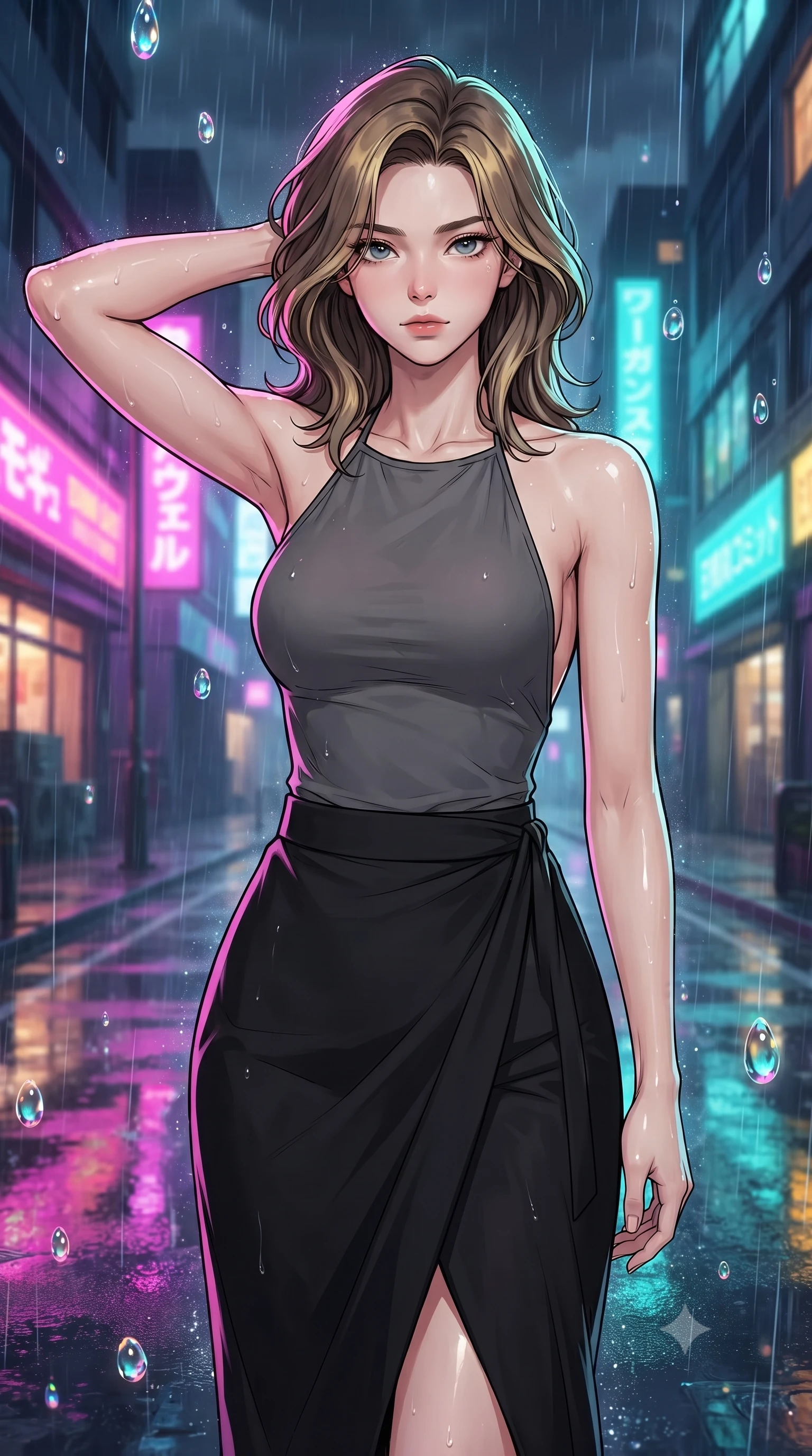 score_9, masterpiece, best quality, ultra-detailed, high-budget anime keyframe, gorgeous anime illustration, with clean line-art and distinct ink outlines, Korean woman. close-up cowboy shot from the waist and thighs up, the character dominates the composition, filling the frame with her large presence, background elements kept in soft focus. Placing one hand behind her head with confident body language and a direct stare. set against a soft-focus background of a futuristic city street at night during a rainstorm where the raindrops are glowing prism droplets, reflecting neon signs off the wet asphalt like a canvas of paint. She has an exceptionally elegant and slender, willowy female figure with an ultra-slim waist, a gracefully sculpted slender torso, and a refined slim physique. sharp v-shaped jawline, high-bridge nose, intricate jewel-like eyes with depth, thick eyelashes, glossy lips with a natural sheen. wearing a backless halter-neck top in charcoal grey paired with a high-waisted black wrap midi skirt. intense neon reflections (magenta, turquoise, gold) from the wet asphalt and glass buildings, highlighting the wet specular texture of the character. 2k, ultra detail, master piece, 9:16 ratio, vibrant anime color palette, detailed cel-shading with soft gradients, rich contrast, dynamic lighting, 2d animation style