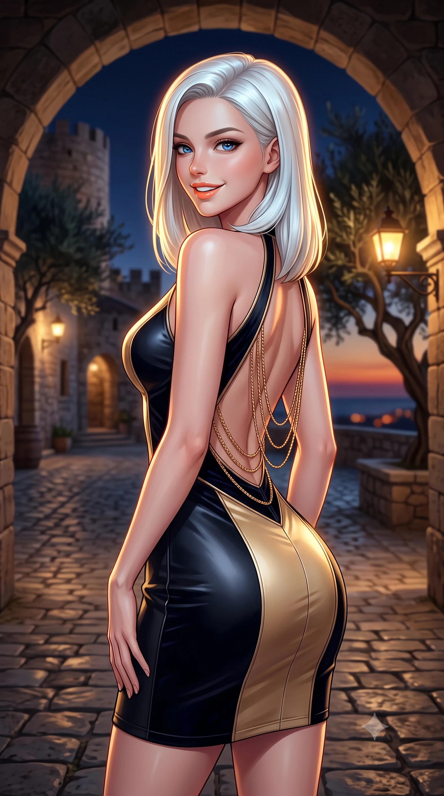 score_9, masterpiece, best quality, ultra-detailed, high-budget anime keyframe, semi-realistic 3D game render, editorial fashion photography, tasteful artistic composition, Caucasian woman. close-up cowboy shot from the waist and thighs up, the character dominates the composition, filling the frame with her large presence. posing in an alluring rear three-quarter angle, looking over a bare shoulder with parted glossy lips, her hips cocked back to highlight her slim hourglass curve while standing poised on the cobblestone rampart walkway beneath centuries-old stone arches, arching her lower back as nocturnal Mediterranean breezes rustle gnarled olive trees. The background shows a soft-focus medieval cobblestone alleyways illuminated by iron gas lanterns, historic stone bastions, and distant Mediterranean sea horizon blurred into amber, terracotta, and indigo bokeh. She has an exceptionally elegant, slender, and willowy female figure with an ultra-slim waist, flat toned midriff, narrow ribcage, and sculpted feminine hips creating an alluring, slim hourglass silhouette without bulk. sharp v-shaped jawline, high-bridge nose, intricate jewel-like sparkling eyes with depth, thick eyelashes, glossy parted lips with a natural peach sheen, bright cheerful beaming smile with an enchanting and coquettish sensual glint, exuding both youthful cute charm and seductive allure, flawlessly proportioned anatomical accuracy, strict slender model proportions, natural body alignment, perfectly sculpted long slender limbs, ultra-slim waistline, clean dynamic posture without body distortion. wearing an ultra-sleek stretch lambskin leather sheath dress accentuating her slim waistline in deep midnight obsidian black and champagne gold, tailored from ultra-plush silk velvet with rich tactile depth and deep shadow gradients, accented with an open-back drape framed by falling strands of delicate gold chains, the form-contouring silhouette accentuating her sculpted flat midriff, narrow delicate ribcage, and gracefully curvy hips with intoxicating allure. illuminated by stone ground reflection fill and sharp flame-gold rim lights defining her razor-sharp jawline, narrow waist, and curvy hips. highly saturated vibrant anime colors, detailed shading with soft gradients, rich glossy textures, high-contrast stereoscopic depth, volumetric dynamic lighting, master piece, 9:16 ratio