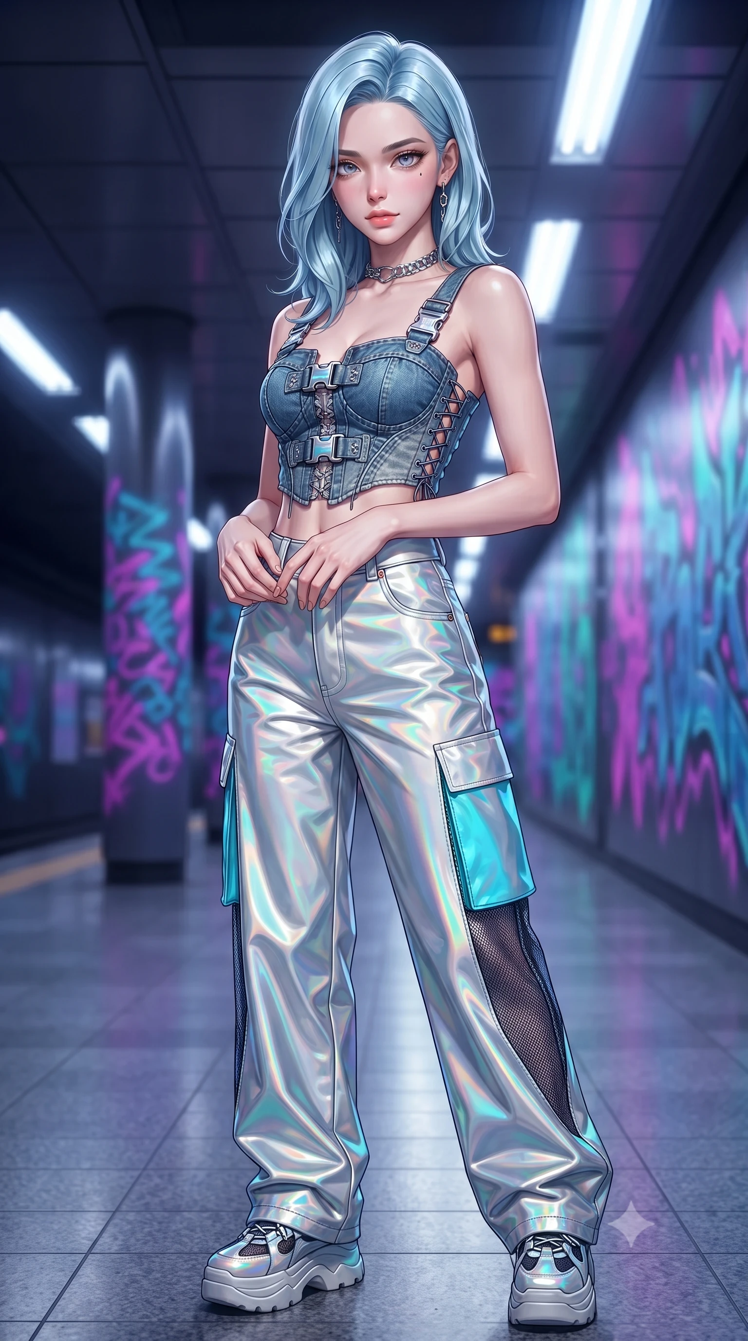 score_9, masterpiece, best quality, ultra-detailed, high-budget anime keyframe, editorial fashion photography, tasteful artistic composition, Korean woman. close-up cowboy shot from the waist and thighs up, the character dominates the composition, filling the frame with her large presence. holding her hands loosely in front with regal, aristocratic poise, radiating an overwhelming high-society aura while posing dynamically in a futuristic subway station corridor covered in glowing ultraviolet cyber-graffiti murals. The composition keeps background elements in soft focus with creamy bokeh. subway platform columns and flickering fluorescent ceiling fixtures softened in moody shallow focus. She has an exceptionally elegant, slender, and willowy female figure with an ultra-slim waist, a gracefully sculpted slender torso, toned flat midriff, and a refined slim silhouette. sharp v-shaped jawline, high-bridge nose, intricate jewel-like eyes with depth, thick eyelashes, glossy lips with a natural sheen, captivating and magnetic expression, flawlessly proportioned anatomical accuracy, strict slender model proportions, natural body alignment, perfectly sculpted long slender limbs, ultra-slim waistline, clean dynamic posture without body distortion. wearing a deconstructed denim corset crop top paired with high-waisted wide-leg utility jeans in holographic silver and electric cyan, crafted from high-gloss metallic ripstop nylon and flexible carbon mesh, accessorized with bold platform sneakers and silver chain choker, the sleek tailored cut tightly hugging her graceful clavicle, narrow waist, and feminine curves with statuesque precision. surrounded by an edgy, electrifying, and irresistibly cool cyber-street idol aura. ultra-reflective glossy finish, specular highlights, rich textural contrasts, high-contrast stereoscopic depth, volumetric dynamic lighting, 2k, ultra detail, master piece, 9:16 ratio