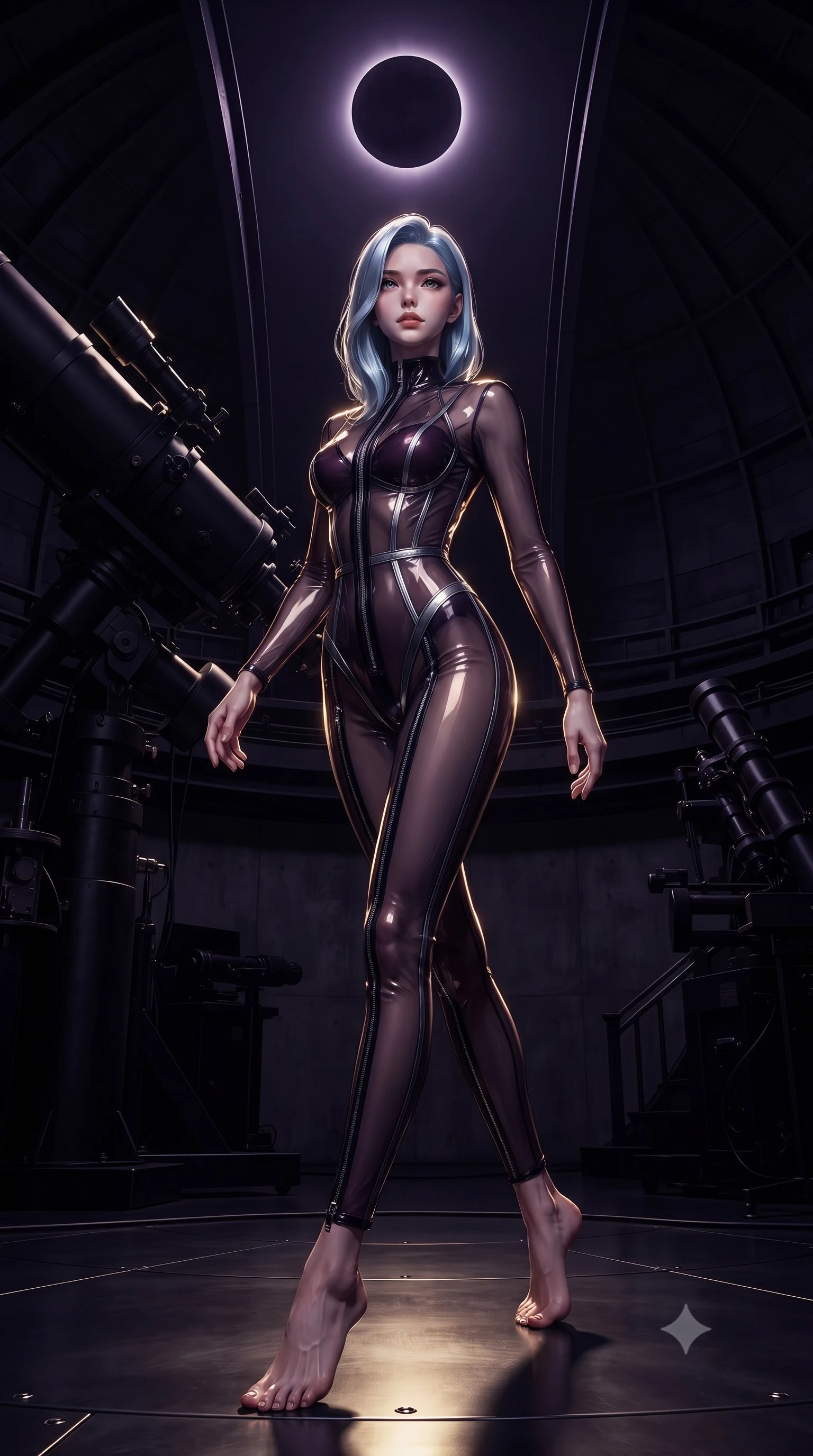 score_9, masterpiece, best quality, ultra-detailed, high-budget anime keyframe, editorial fashion photography, tasteful artistic composition, Korean woman. low angle full-body shot from head to toe showing her feet, filling the entire 9:16 vertical frame with her statuesque presence, stretching her vertical silhouette. stepping gracefully through the dark environment, stretching her statuesque silhouette, inside a pitch-black deep space observatory beneath a total dark solar eclipse, dramatic black-on-black contrast defining her sleek silhouette. She has an absolutely perfect, statuesque 8.5-heads proportion, an exceptionally tall and slender model-like female figure with impossibly long slender legs and an ultra-slim waist. sharp v-shaped jawline, high-bridge nose, intricate jewel-like eyes with depth, thick eyelashes, glossy lips with a natural sheen. wearing translucent liquid acrylic splash bodysuit with semi-opaque dark mesh in dark plum violet, made of liquid dark mercury jersey, finished with metallic silver boning and sleek zipper points, the fitted fabric emphasizing her ultra-slim waist. lit by intense golden key light piercing through deep midnight navy shadows. ultra-reflective glossy finish, specular highlights, metallic sheen, high-contrast stereoscopic depth, volumetric dynamic lighting, 2k, ultra detail, master piece, 9:16 ratio