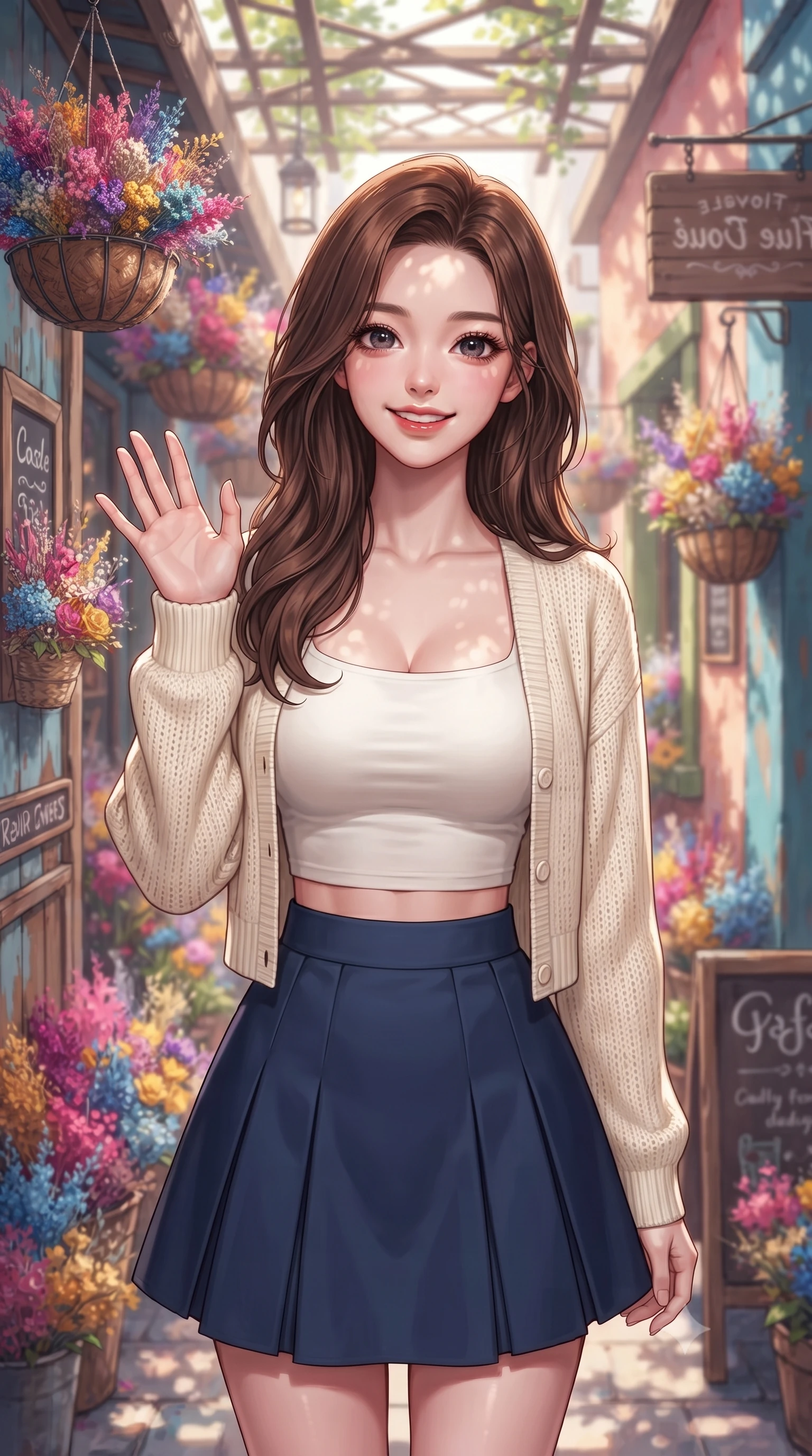 score_9, masterpiece, best quality, ultra-detailed, high-budget anime keyframe, editorial fashion photography, tasteful artistic composition, Korean woman. close-up cowboy shot from the waist and thighs up, the character dominates the composition, filling the frame with her large presence, background elements kept in soft focus. flashing a sweet, beaming smile while waving one hand gently toward the camera set against a soft-focus background of in a colorful alley decorated with hanging flower baskets and wooden signs with a display of colorful dried flower bouquets hanging from the shop roof. She has an exceptionally elegant, slender, and willowy female figure with an ultra-slim waist, a gracefully sculpted slender torso, and a refined silhouette. sharp v-shaped jawline, high-bridge nose, intricate jewel-like eyes with depth, thick eyelashes, glossy lips with a natural sheen. wearing body-hugging crop top under an open knit cardigan, paired with a high-waist pleated A-line skirt. dappled sunlight casting soft leaf shadows on the shop walls and her skin. highly saturated vibrant anime colors, detailed shading with soft gradients, rich glossy textures, high-contrast stereoscopic depth, volumetric dynamic lighting, master piece, 9:16 ratio