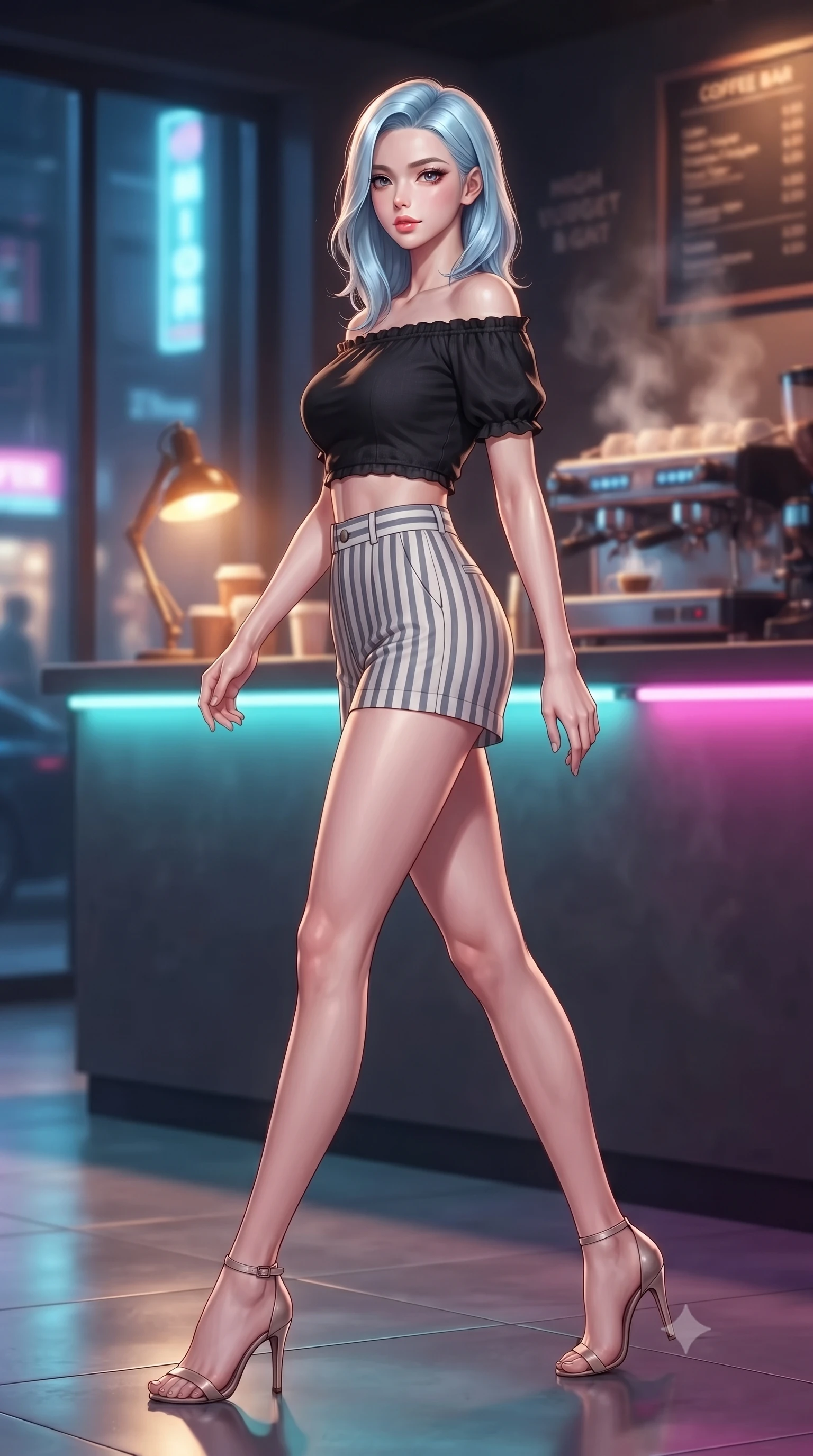 score_9, masterpiece, best quality, ultra-detailed, high-budget anime keyframe, editorial fashion photography, tasteful artistic composition, Korean woman. low angle full-body shot from head to toe showing her feet, filling the entire 9:16 vertical frame with her statuesque presence, stretching her vertical silhouette. stepping gracefully while looking back over her shoulder, her dress draped tightly to reveal her silhouette the background shows a soft-focus a cyber-noir coffee bar with glowing counter edges and steamy espresso machines. She has an absolutely perfect, statuesque 8.5-heads proportion, an exceptionally tall and slender model-like female figure with impossibly long slender legs and an ultra-slim waist. sharp v-shaped jawline, high-bridge nose, intricate jewel-like eyes with depth, thick eyelashes, glossy lips with a natural sheen. wearing a slim-fit chic off-shoulder crop top in black linen, paired with high-waisted striped resort shorts. warm amber desk lighting contrasting with cool blue neon street reflections. highly saturated vibrant anime colors, detailed shading with soft gradients, rich glossy textures, high-contrast stereoscopic depth, volumetric dynamic lighting, master piece, 9:16 ratio