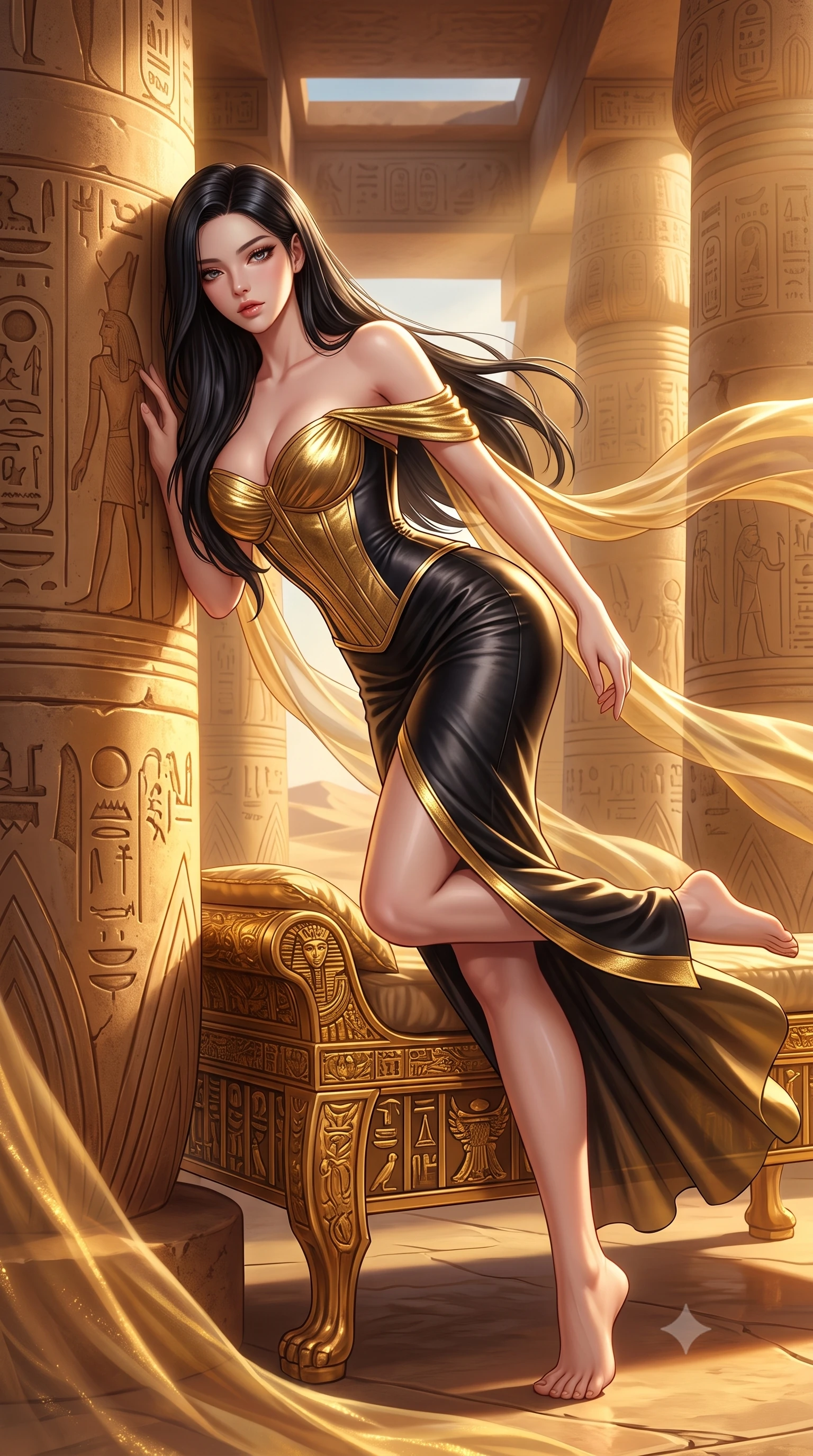 score_9, masterpiece, best quality, ultra-detailed, high-budget anime keyframe, semi-realistic 3D game render, editorial fashion photography, tasteful artistic composition, Korean woman. low angle full-body shot from head to toe showing her feet, filling the entire 9:16 vertical frame with her statuesque presence, stretching her vertical silhouette. leaning deep against the structural architecture with hips cocked in an unapologetically bold, seductive high-fashion stance while reclining face down atop a gilded royal daybed with head turned toward the lens, legs playfully bent at the knees to highlight her curvy hip silhouette. The surrounding environment is rendered in vivid detail and crisp panoramic clarity. breathtaking Egyptian golden-hour chiaroscuro and majestic Pharaoh sanctuary architecture in precision. She has an absolutely perfect, statuesque 8.5-heads proportion, an exceptionally tall and slender model-like female figure with impossibly long slender legs, a toned flat midriff, an ultra-slim waist, and beautifully sculpted feminine hips. sharp v-shaped jawline, high-bridge nose, intricate jewel-like eyes with depth, thick eyelashes, glossy parted lips with a natural sheen, intensely captivating and seductive bedroom-eyes expression, flawlessly proportioned anatomical accuracy, strict slender model proportions, natural body alignment, perfectly sculpted long slender limbs, ultra-slim waistline, clean dynamic posture without body distortion. wearing a statuesque off-shoulder gold lamé gown with a boned corset bodice and bodycon silhouette in deep obsidian black and metallic gold trim, crafted from second-skin supple lambskin leather with liquid drape, finished with sheer floating train panels fluttering behind her in the desert breeze, the form-contouring material adhering flawlessly to her sculpted flat midriff and slender torso, emphasizing her long leg lines and perfectly proportioned willowy build. illuminated by intense golden specular reflections sculpting her bare collarbones, ultra-slim waist, and curvy hips. highly saturated vibrant anime colors, detailed shading with soft gradients, rich glossy textures, high-contrast stereoscopic depth, volumetric dynamic lighting, master piece, 9:16 ratio