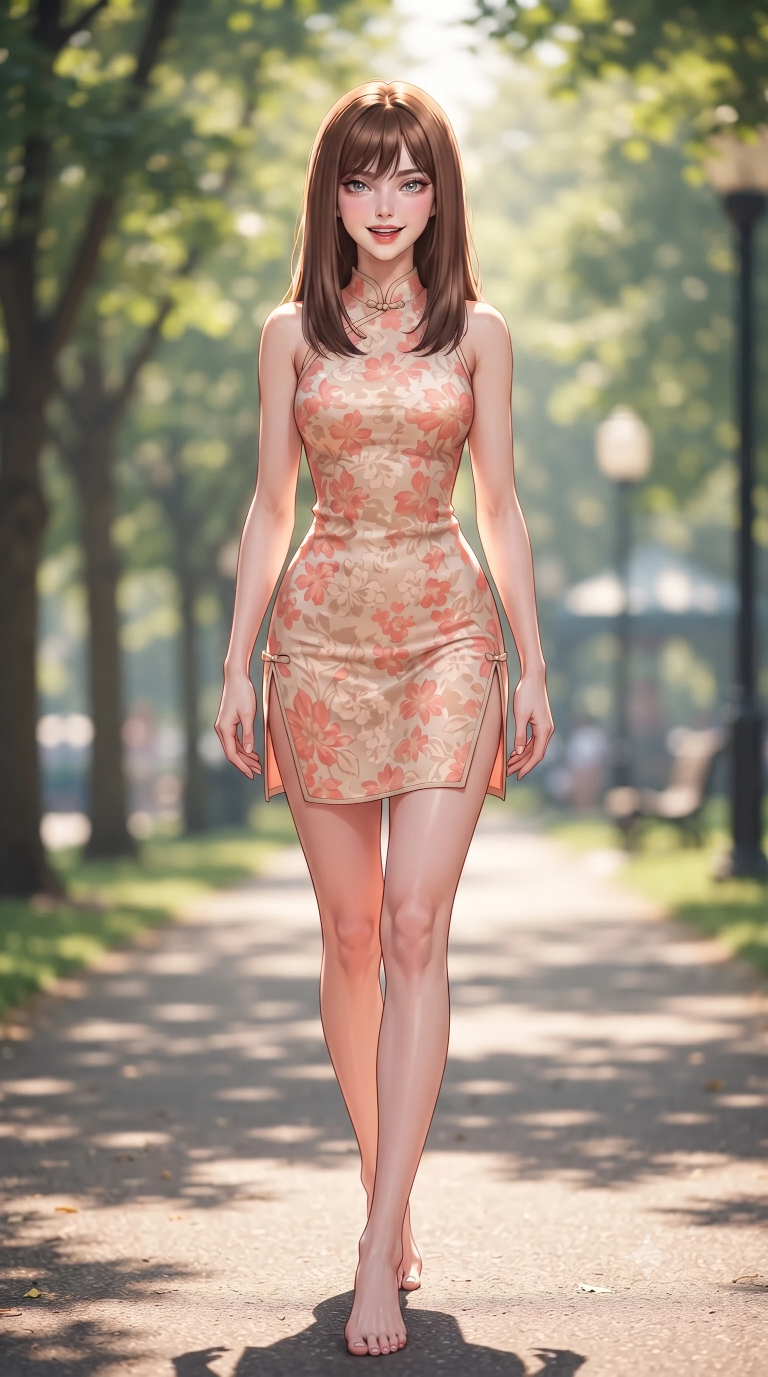 score_9, masterpiece, best quality, ultra-detailed, high-budget anime keyframe, editorial fashion photography, tasteful artistic composition, Korean woman. low angle full-body shot from head to toe showing her feet, filling the entire 9:16 vertical frame with her statuesque presence, stretching her vertical silhouette. sitting perched on the elevated edge with legs crossed and hips angled toward the camera, displaying her toned midriff and long slender limbs with a joyful, coquettish smile while walking dynamically down the park path, her form-fitting outfit accentuating her narrow waist and rounded hips in a captivating rhythm. The composition keeps background elements in soft focus with dreamy creamy bokeh. dappled park lawn shadows and distant cable car bells softened in cheerful cinematic shallow focus. She has an exceptionally tall and slender model-like 8.5-heads proportion, an ultra-slim waist, a flat toned midriff, narrow delicate ribcage, and beautifully sculpted feminine hips creating a graceful, slim hourglass silhouette without any bulky heaviness, with impossibly long slender legs. sharp v-shaped jawline, high-bridge nose, intricate jewel-like sparkling eyes with depth, thick eyelashes, glossy parted lips with a natural peach sheen, bright cheerful beaming smile with an enchanting and coquettish sensual glint, exuding both youthful cute charm and seductive allure, flawlessly proportioned anatomical accuracy, strict slender model proportions, natural body alignment, perfectly sculpted long slender limbs, ultra-slim waistline, clean dynamic posture without body distortion. wearing a modern cute qipao mini dress with double side slits ascending to the hip in pastel floral silk in warm coral pink and soft oatmeal beige, crafted from soft breathable linen with effortless natural drape, finished with criss-cross back satin straps highlighting her graceful shoulder blades, the liquid-tight tailored fabric clinging flawlessly to her narrow waist and rounded feminine hips, emphasizing every millimeter of her sculpted slim hourglass curves without any bulky heaviness. illuminated by warm grass lawn bounce light contouring her sculpted collarbones, ultra-slim waist, and curvy hips. ultra-reflective glossy finish, specular highlights, rich textural contrasts, high-contrast stereoscopic depth, volumetric dynamic lighting, 2k, ultra detail, master piece, 9:16 ratio
