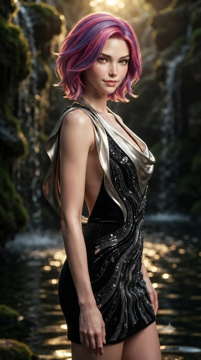 score_9, masterpiece, best quality, ultra-detailed, high-budget anime keyframe, editorial fashion photography, tasteful artistic composition, Caucasian woman. close-up cowboy shot from the waist and thighs up, the character dominates the composition, filling the frame with her large presence. turning slowly with an enchanting smoldering smile, her glossy hair tossing in the breeze as her hips angle gracefully in a captivating contrapposto while twisting her slender torso in an alluring contrapposto stance beside the water cascade, golden reflections caressing her narrow waist and curvy hips. The surrounding environment is rendered in vivid detail and crisp panoramic clarity: detailed wet-look liquid fabric drape, second-skin fit, and bespoke subterranean architecture in razor-sharp precision. She has an exceptionally elegant, slender, and willowy female figure with an ultra-slim waist, flat toned midriff, narrow ribcage, and sculpted feminine hips creating an alluring, slim hourglass silhouette without bulk. sharp v-shaped jawline, high-bridge nose, intricate jewel-like sparkling eyes with depth, thick eyelashes, glossy parted lips with a natural peach sheen, bright cheerful beaming smile with an enchanting and coquettish sensual glint, exuding both youthful cute charm and seductive allure, flawlessly proportioned anatomical accuracy, strict slender model proportions, natural body alignment, perfectly sculpted long slender limbs, ultra-slim waistline, clean dynamic posture without body distortion. wearing a backless crushed velvet mini dress with a deep plunging neckline and hip-high thigh slit in deep obsidian black and liquid molten platinum, crafted from stretch micro-mesh with liquid foil coating that shimmers with every movement, accented with a dainty gold belly chain resting across her flat midriff and curving hips, the liquid-tight tailored fabric clinging flawlessly to her narrow waist and rounded feminine hips, emphasizing every millimeter of her sculpted slim hourglass curves without any bulky heaviness. illuminated by pool reflection bounce and sharp honey-gold rim lights sculpting her jawline, narrow waist, and curvy hips. ultra-reflective glossy finish, specular highlights, rich textural contrasts, high-contrast stereoscopic depth, volumetric dynamic lighting, 2k, ultra detail, master piece, 9:16 ratio