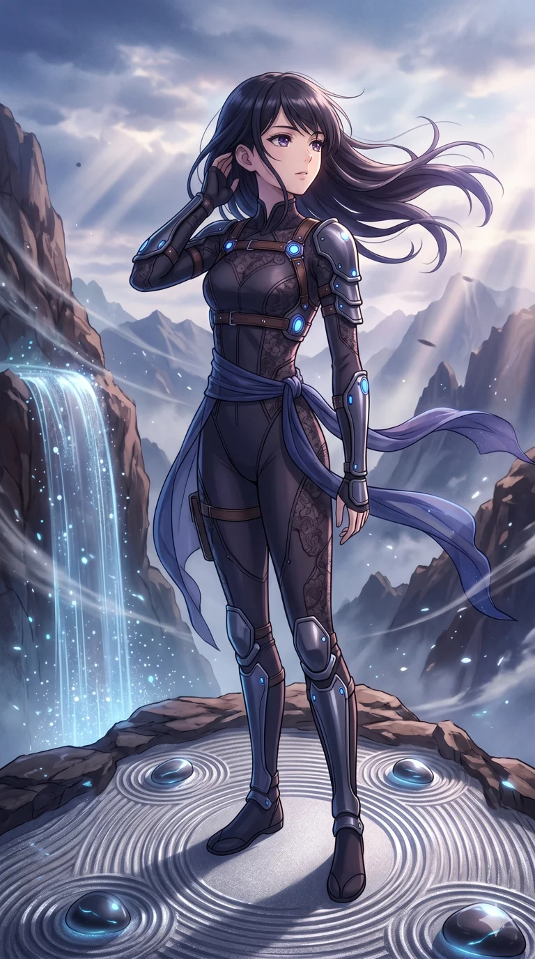 score_9, masterpiece, best quality, ultra-detailed, High-budget Anime Keyframe, vibrant colors, fluid line-art, expressive lighting, cinematic composition, Ufotable-style visual effects, top-tier animation quality, Japanese woman with delicate and elegant anime-inspired features. Cinematic low angle perspective showcasing her towering height and perfect 8-heads proportion. Listening to the ancient whispers of the wind on a high mountain peak, her hair and outfit flowing in the breeze. She has an absolutely perfect 8-heads proportion, an exceptionally tall and slender female figure with impossibly long slender legs and an ultra-slim waist, her statuesque height and towering silhouette dominating the vertical 9:16 frame. Her face is a masterpiece featuring a sharp v-shaped jawline, high-bridge nose, intricate jewel-like eyes with depth, thick eyelashes, and glossy lips with a natural sheen. She is wearing a Sheer lace catsuit with strategically placed armor plating and glowing energy nodes crafted from Sheer silk that is almost transparent, flowing like water around her statuesque frame, with an exposed midriff and a complex harness system that draws the eye. The scene is set in a serene Zen garden with metallic sand, glowing stones, and a holographic waterfall, illuminated by volumetric light beams cutting through a hazy atmosphere, creating a sense of depth. 2k, ultra detail, master piece, 9:16 ratio