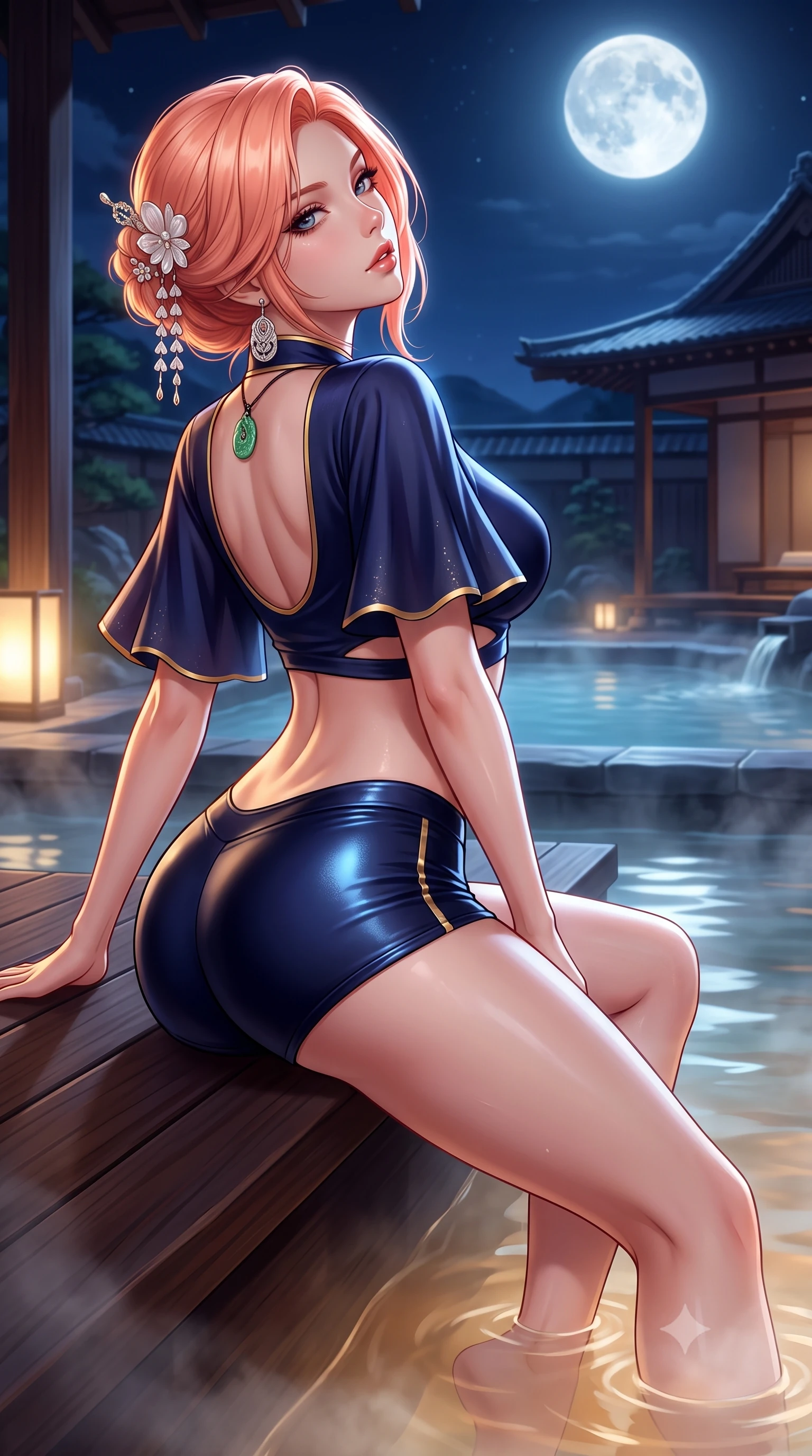 score_9, masterpiece, best quality, ultra-detailed, high-budget anime keyframe, semi-realistic 3D game render, editorial fashion photography, tasteful artistic composition, Japanese woman. close-up cowboy shot from the waist and thighs up, the character dominates the composition, filling the frame with her large presence. twisting her slender torso in a deep contrapposto stance, hips dramatically shifted to accentuate her feminine curves while looking past her shoulder with smoldering bedroom-eyes while reclining on the cedar bench with legs extended toward the warm water, head tilted back toward the full moon with smoldering bedroom-eyes. The surrounding environment is rendered in vivid detail and crisp panoramic clarity. atmospheric nocturnal Japanese chiaroscuro and serene hot-spring retreat luxury rendered with precision. She has an exceptionally elegant, slender, and willowy female figure with an ultra-slim waist, a gracefully sculpted slender torso, toned flat midriff, and rounded feminine hips creating an alluring hourglass silhouette. sharp v-shaped jawline, high-bridge nose, intricate jewel-like eyes with depth, thick eyelashes, glossy parted lips with a natural sheen, intensely captivating and seductive bedroom-eyes expression, flawlessly proportioned anatomical accuracy, strict slender model proportions, natural body alignment, perfectly sculpted long slender limbs, ultra-slim waistline, clean dynamic posture without body distortion. wearing a modern shortened silk-yukata crop top with wide fluttering sleeves and low-slung swim shorts in midnight indigo and glowing starlight gold, made of flexible second-skin stretch neoprene with specular wet sheen, accented with mother-of-pearl hair ornaments and a carved jade pendant, the precision-cut side openings and low-back scoop framing her graceful spine and the sensual sweep of her hips. surrounded by a tranquil, poetic, and deeply sensual Japanese ryokan muse aura. highly saturated vibrant anime colors, detailed shading with soft gradients, rich glossy textures, high-contrast stereoscopic depth, volumetric dynamic lighting, master piece, 9:16 ratio