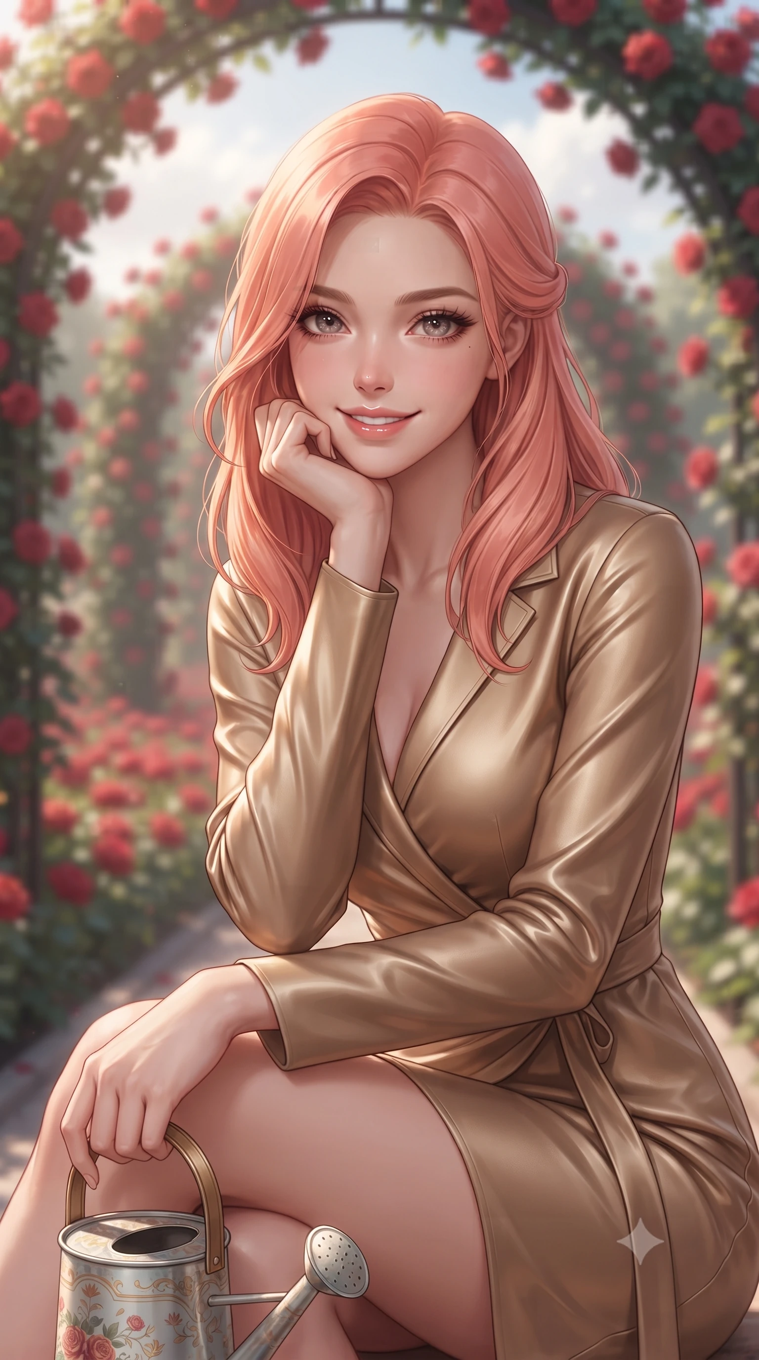 score_9, masterpiece, best quality, ultra-detailed, high-budget anime keyframe, editorial fashion photography, tasteful artistic composition, Japanese woman. close-up cowboy shot from the waist and thighs up, the character dominates the composition, filling the frame with her large presence, background elements kept in soft focus. smiling cutely while resting her chin on her hand, looking directly into the lens set against a soft-focus background of in a beautifully landscaped rose garden with archways of red roses holding a small watering can next to a bed of red roses. She has an exceptionally elegant, slender, and willowy female figure with an ultra-slim waist, a gracefully sculpted slender torso, and a refined silhouette. sharp v-shaped jawline, high-bridge nose, intricate jewel-like eyes with depth, thick eyelashes, glossy lips with a natural sheen. wearing tailored form-contouring silk wrap dress in camel, outlining her slender waist. soft afternoon sunbeams filtering through light clouds, casting gentle shadows. ultra-reflective glossy finish, specular highlights, metallic sheen, high-contrast stereoscopic depth, volumetric dynamic lighting, 2k, ultra detail, master piece, 9:16 ratio
