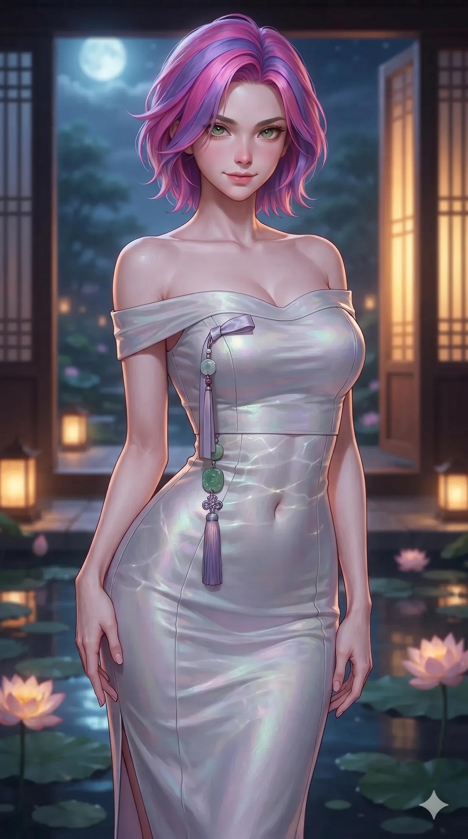 score_9, masterpiece, best quality, ultra-detailed, high-budget anime keyframe, editorial fashion photography, tasteful artistic composition, Caucasian woman. close-up cowboy shot from the waist and thighs up, the character dominates the composition, filling the frame with her large presence. tilting her head with a teasing half-smile, running one hand slowly down the side of her hip in a flirtatious S-curve as ambient light caresses her silhouette while twisting her slender torso in an alluring contrapposto stance, shimmering water refractions from the lotus pool dancing across her flat midriff. The background shows a soft-focus tranquil royal water garden softened in atmospheric nocturnal shallow focus. She has an exceptionally elegant, slender, and willowy female figure with an ultra-slim waist, flat toned midriff, narrow ribcage, and sculpted feminine hips creating an alluring, slim hourglass silhouette without bulk. sharp v-shaped jawline, high-bridge nose, sparkling eyes with hypnotic seductive depth, thick curled eyelashes, glossy parted lips with a natural dewy peach sheen, alluring bedroom-eyes with an enchanting coquettish smile, exuding magnetic siren charisma and sophisticated glamour, flawlessly proportioned anatomical accuracy, strict slender model proportions, natural body alignment, perfectly sculpted long slender limbs, ultra-slim waistline, clean dynamic posture without body distortion. wearing a form-contouring off-shoulder modern hanbok midi dress with traditional curved neckline and low-back scoop in iridescent mother-of-pearl and misty lavender, tailored from heavy double-faced silk faille with an exceptionally fluid drape, finished with authentic carved jade pendants and traditional norigae knots, the bespoke structured tailoring following the natural line of her 8.5-heads silhouette with refined elegance. bathed in soft celestial moonlight combined with warm golden light spilling through open veranda doors. ultra-reflective glossy finish, specular highlights, rich textural contrasts, high-contrast stereoscopic depth, volumetric dynamic lighting, 2k, ultra detail, master piece, 9:16 ratio