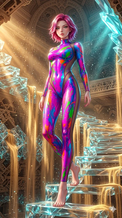 score_9, masterpiece, best quality, ultra-detailed, high-budget anime keyframe, Japanese woman. low angle full-body shot filling the entire 9:16 frame with her statuesque presence, stretching the vertical silhouette. descending through a fractal quic