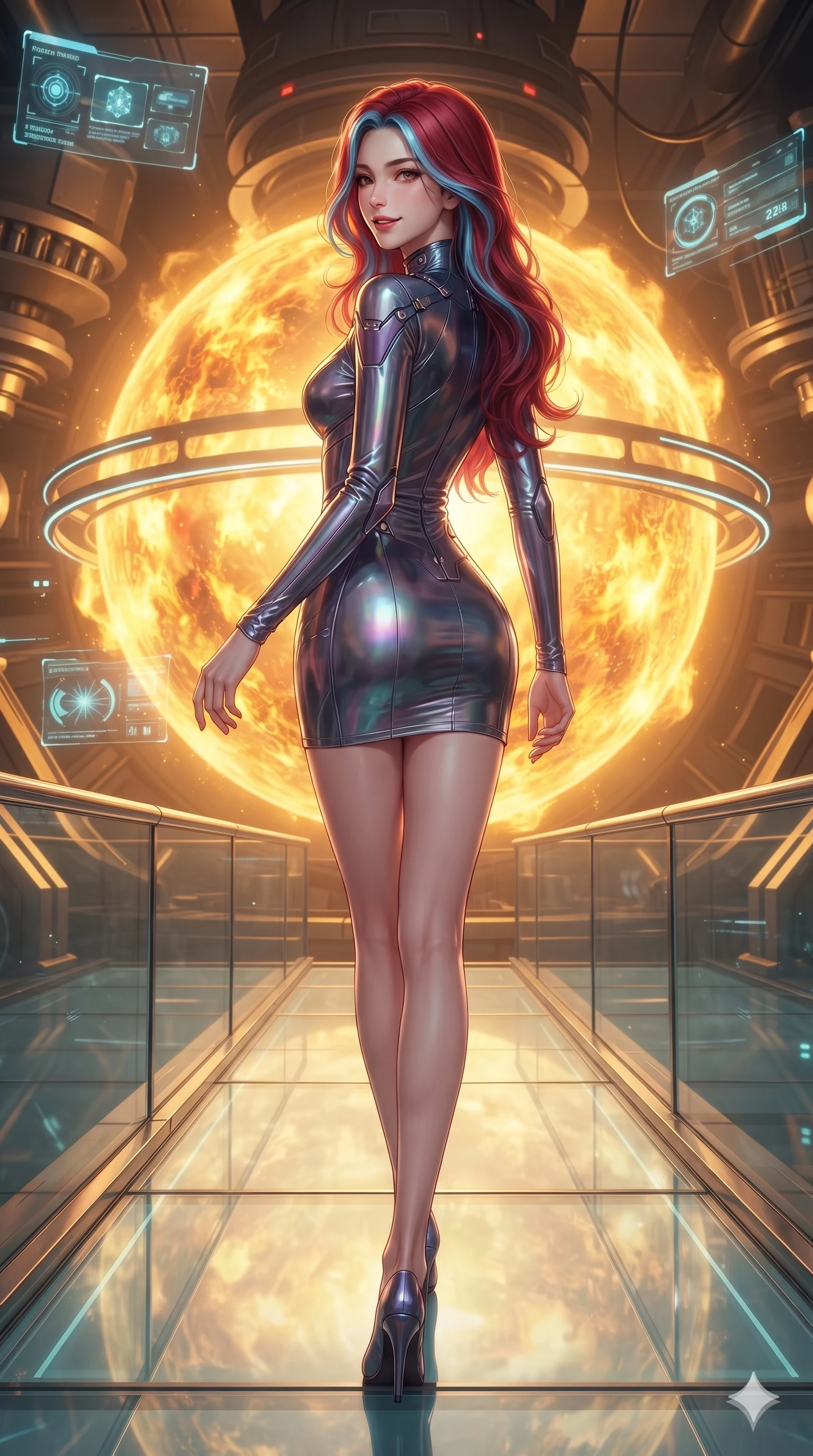 score_9, masterpiece, best quality, ultra-detailed, high-budget anime keyframe, editorial fashion photography, tasteful artistic composition, Caucasian woman. low angle full-body shot from head to toe showing her feet, filling the entire 9:16 vertical frame with her statuesque presence, stretching her vertical silhouette. walking slowly along the transparent glass skybridge, looking back over her shoulder with an air of effortless grace and an alluring, smoldering smile while standing poised before the massive volcanic fusion reactor sphere, arching her spine with ethereal cyber-operative poise as pulsing magnetic containment rings rotate in silence. The surrounding environment is rendered in vivid detail and crisp panoramic clarity: sharp magnetic solenoid coil bevels, high-pressure steam valve actuators, and crisp holographic telemetry glyphs in deep focus. She has an absolutely perfect, statuesque 8.5-heads proportion, an exceptionally tall and slender model-like female figure with impossibly long slender legs, an ultra-slim waist, a flat toned midriff, narrow delicate ribcage, and beautifully sculpted feminine hips creating a graceful, slim hourglass silhouette without any bulky heaviness. sharp v-shaped jawline, high-bridge nose, intricate jewel-like sparkling eyes with depth, thick eyelashes, glossy parted lips with a natural sheen, bright confident smile with an enchanting and coquettish sensual glint, exuding both youthful magnetic charm and sovereign high-tech allure, flawlessly proportioned anatomical accuracy, strict slender model proportions, natural body alignment, perfectly sculpted long slender limbs, ultra-slim waistline, clean dynamic posture without body distortion. wearing a glove-like stretch lambskin cyber-sheath dress accentuating her ultra-slim waistline without bulk in iridescent dark chrome and holographic violet, woven from buttery-soft stretch lambskin leather adhering to her body like a second skin, finished with high-tension magnetic quick-release clasps glinting along her collarbones, the form-contouring cut accentuating her sculpted flat midriff, narrow delicate ribcage, and gracefully curvy hips with cybernetic supermodel precision. bathed in the blinding warm golden radiance of the magnetic fusion core with dynamic volumetric heat shimmers. ultra-reflective glossy finish, specular highlights, rich textural contrasts, high-contrast stereoscopic depth, volumetric dynamic lighting, 2k, ultra detail, master piece, 9:16 ratio