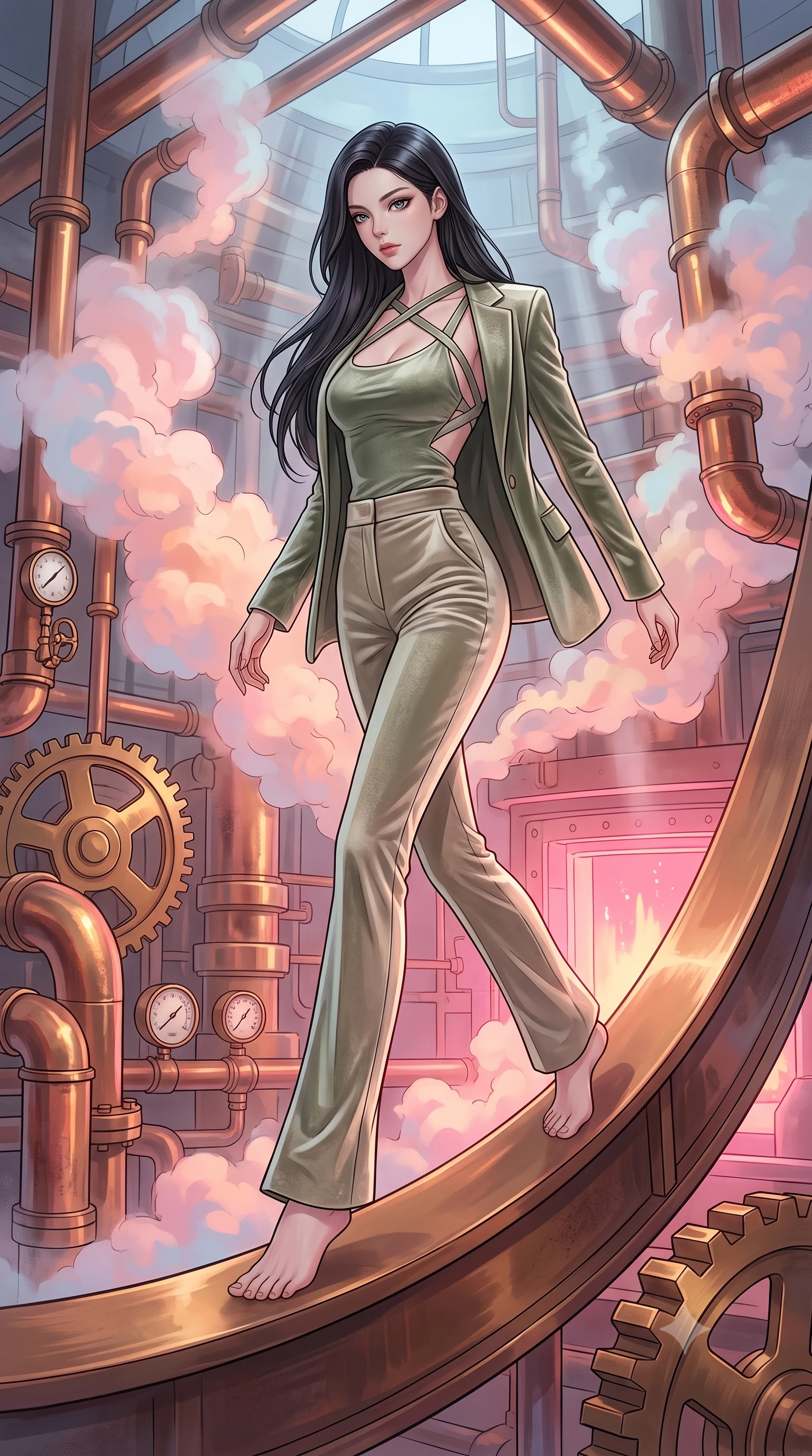 score_9, masterpiece, best quality, ultra-detailed, high-budget anime keyframe, editorial fashion photography, tasteful artistic composition, Korean woman. low angle full-body shot from head to toe showing her feet, filling the entire 9:16 vertical frame with her statuesque presence, stretching her vertical silhouette. forging dynamically through the scene with her long slender legs and ultra-slim waist creating a sweeping S-curve while stepping along a curved bronze beam while pastel steam clouds swirl around her, intricate copper pipes and brass gears gleam with furnace heat reflections. She has an absolutely perfect, statuesque 8.5-heads proportion, an exceptionally tall and slender model-like female figure with impossibly long slender legs and an ultra-slim waist. sharp v-shaped jawline, high-bridge nose, intricate jewel-like eyes with depth, thick eyelashes, glossy lips with a natural sheen, flawlessly proportioned anatomical accuracy, natural body alignment, perfectly sculpted elegant limbs, clean dynamic posture without body distortion. wearing a tailored silk blazer over a form-contouring scoop-neck top and slacks in sage green and oatmeal, made of premium stretch velvet with a rich sheen, complemented by criss-cross back straps highlighting her bare shoulders, the glove-like fit emphasizing her statuesque silhouette during motion. bathed in hot pink and orange furnace underlighting with sharp bronze speculars. highly saturated vibrant anime colors, detailed shading with soft gradients, rich glossy textures, high-contrast stereoscopic depth, volumetric dynamic lighting, master piece, 9:16 ratio