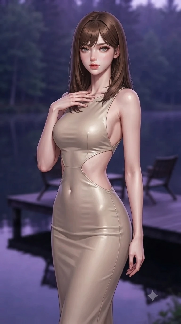 score_9, masterpiece, best quality, ultra-detailed, high-budget anime keyframe, editorial fashion photography, tasteful artistic composition, Korean woman woman. close-up cowboy shot from the waist and thighs up, the character dominates the composition, filling the frame with her large presence, background elements kept in soft focus. standing with one hand resting on her collarbone, looking at the viewer with bedroom-eyes the background shows a soft-focus a simple dark wood deck extending over a calm forest lake, with two chairs. She has an exceptionally elegant, slender, and willowy female figure with an ultra-slim waist, a gracefully sculpted slender torso, and a refined silhouette. sharp v-shaped jawline, high-bridge nose, intricate jewel-like eyes with depth, thick eyelashes, glossy lips with a natural sheen. wearing a slim-fit summer vacation dress in soft beige with dramatic architectural waist cutouts and a low back. the serene purple and blue hues of twilight reflecting on the still water. ultra-reflective glossy finish, specular highlights, metallic sheen, high-contrast stereoscopic depth, volumetric dynamic lighting, 2k, ultra detail, master piece, 9:16 ratio
