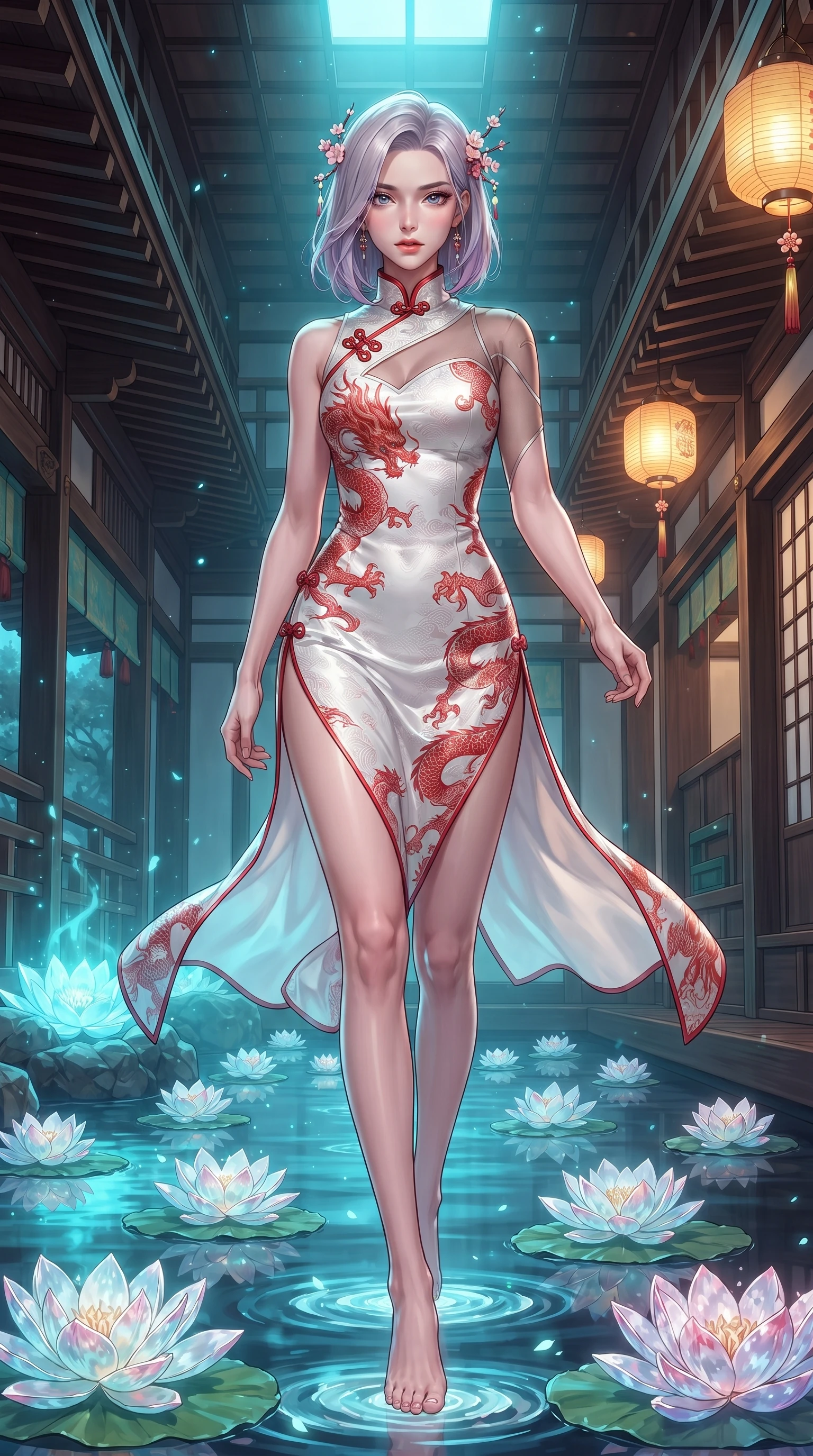 score_9, masterpiece, best quality, ultra-detailed, high-budget anime keyframe, editorial fashion photography, tasteful artistic composition, Caucasian woman. low angle full-body shot from head to toe showing her feet, filling the entire 9:16 vertical frame with her statuesque presence, stretching her vertical silhouette. striding forward in a proud, dynamic supermodel runway stride, her statuesque vertical silhouette commanding the entire frame while stepping lightly across floating crystal water lilies that chime with soft musical tones under her feet. The surrounding environment is rendered in vivid detail and crisp panoramic clarity. detailed mineral spring caustics, architectural bracket systems, and silk embroidery in high clarity. She has an absolutely perfect, statuesque 8.5-heads proportion, an exceptionally tall and slender model-like female figure with impossibly long slender legs, a toned flat midriff, and an ultra-slim waist. sharp v-shaped jawline, high-bridge nose, intricate jewel-like eyes with depth, thick eyelashes, glossy lips with a natural sheen, captivating and magnetic expression, flawlessly proportioned anatomical accuracy, strict slender model proportions, natural body alignment, perfectly sculpted long slender limbs, ultra-slim waistline, clean dynamic posture without body distortion. wearing a dragon-embroidered silk cheongsam modern dress with asymmetrical sheer mesh cutouts and high Mandarin collar in pure snow white and vermilion red, made of rich textured jacquard silk with dragon scale weave, accessorized with delicate cherry blossom hairpins and glowing paper lantern charms, the breezy yet form-flattering drape swaying gracefully with her steps, accentuating her long willowy limbs and slim waistline. bathed in luminous cyan dragon spring uplights and warm imperial gold lantern downlights. ultra-reflective glossy finish, specular highlights, rich textural contrasts, high-contrast stereoscopic depth, volumetric dynamic lighting, 2k, ultra detail, master piece, 9:16 ratio