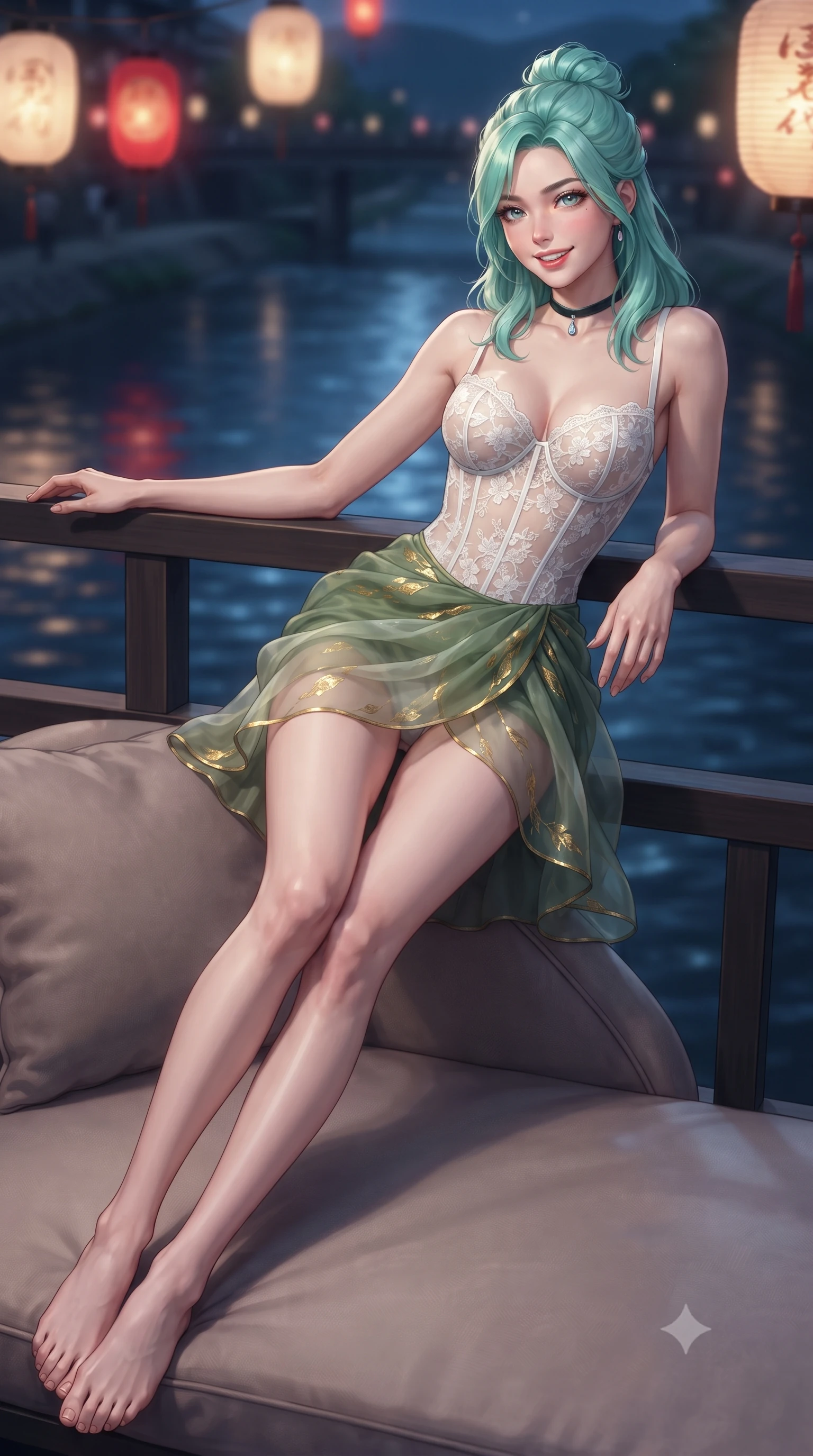 score_9, masterpiece, best quality, ultra-detailed, high-budget anime keyframe, editorial fashion photography, tasteful artistic composition, Japanese woman. low angle full-body shot from head to toe showing her feet, filling the entire 9:16 vertical frame with her statuesque presence, stretching her vertical silhouette. reclining gracefully across the plush chaise lounge with one leg extended, her sculpted silhouette and flat midriff radiating magnetic nocturnal glamour while leaning against the minimalist wood balustrade with hips cocked back, looking over moonlit river ripples with magnetic smoldering eyes. The background shows a soft-focus hanging paper lanterns softened in historic Kyoto riverfront nocturne shallow focus. She has an exceptionally tall and slender model-like 8.5-heads proportion, an ultra-slim waist, a flat toned midriff, narrow delicate ribcage, and beautifully sculpted feminine hips creating a graceful, slim hourglass silhouette without any bulky heaviness, with impossibly long slender legs. sharp v-shaped jawline, high-bridge nose, intricate jewel-like sparkling eyes with depth, thick eyelashes, glossy parted lips with a natural peach sheen, bright cheerful beaming smile with an enchanting and coquettish sensual glint, exuding both youthful cute charm and seductive allure, flawlessly proportioned anatomical accuracy, strict slender model proportions, natural body alignment, perfectly sculpted long slender limbs, ultra-slim waistline, clean dynamic posture without body distortion. wearing a sculpted underwire corset in semi-sheer snow-white lace paired with an ultra-short draped chiffon tulip skirt in Gion antique matcha green and gilded gold leaf, crafted from translucent silk organza with an ethereal crystalline sheen, finished with a thin velvet ribbon choker and a single teardrop diamond pendant, the second-skin tailored fabric adhering flawlessly to her sculpted flat midriff and slender torso, emphasizing her long leg lines and perfectly proportioned willowy build. bathed in the romantic crimson-gold lantern glows contrasted with cool deep-blue midnight river reflections. ultra-reflective glossy finish, specular highlights, rich textural contrasts, high-contrast stereoscopic depth, volumetric dynamic lighting, 2k, ultra detail, master piece, 9:16 ratio