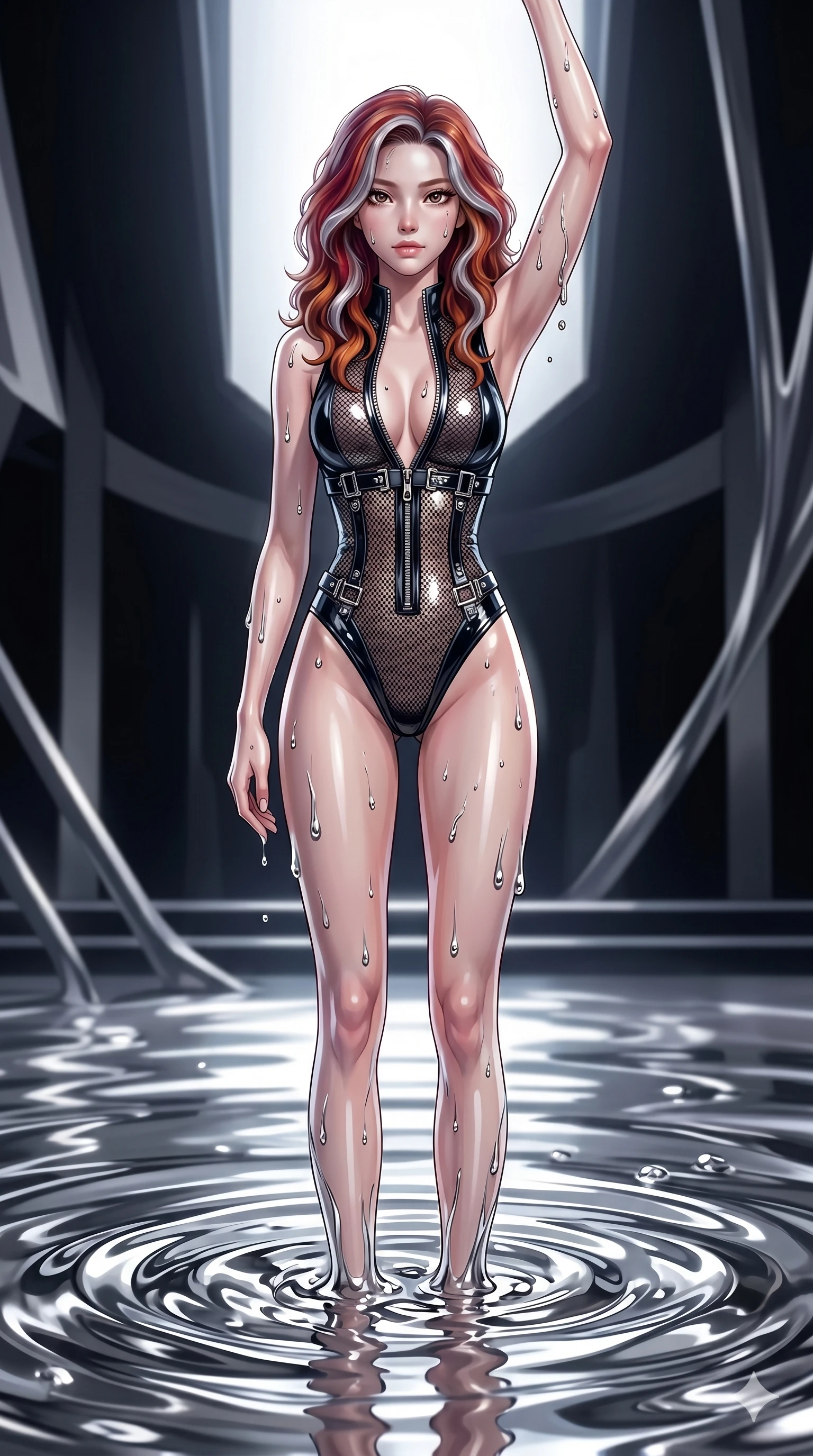 score_9, masterpiece, best quality, ultra-detailed, High-budget Anime Keyframe, East Asian woman. Dynamic full-body shot stretching the vertical silhouette to the limit. Scenario 134: Rising from a pool of mercury-like liquid, droplets rolling off her skin. Her presence is magnetic and overpowering in this high-budget anime scene. Outfit 134: A patent leather micro-mesh with a unzipped detail and metallic buckles. The clothing is designed to emphasize her exceptionally tall and slender 8-heads proportion. 8-heads proportion, towering silhouette, ultra-slim waist. sharp v-shaped jawline, intricate jewel-like eyes with depth, thick eyelashes, glossy lips. 2k, ultra detail, master piece, 9:16 ratio