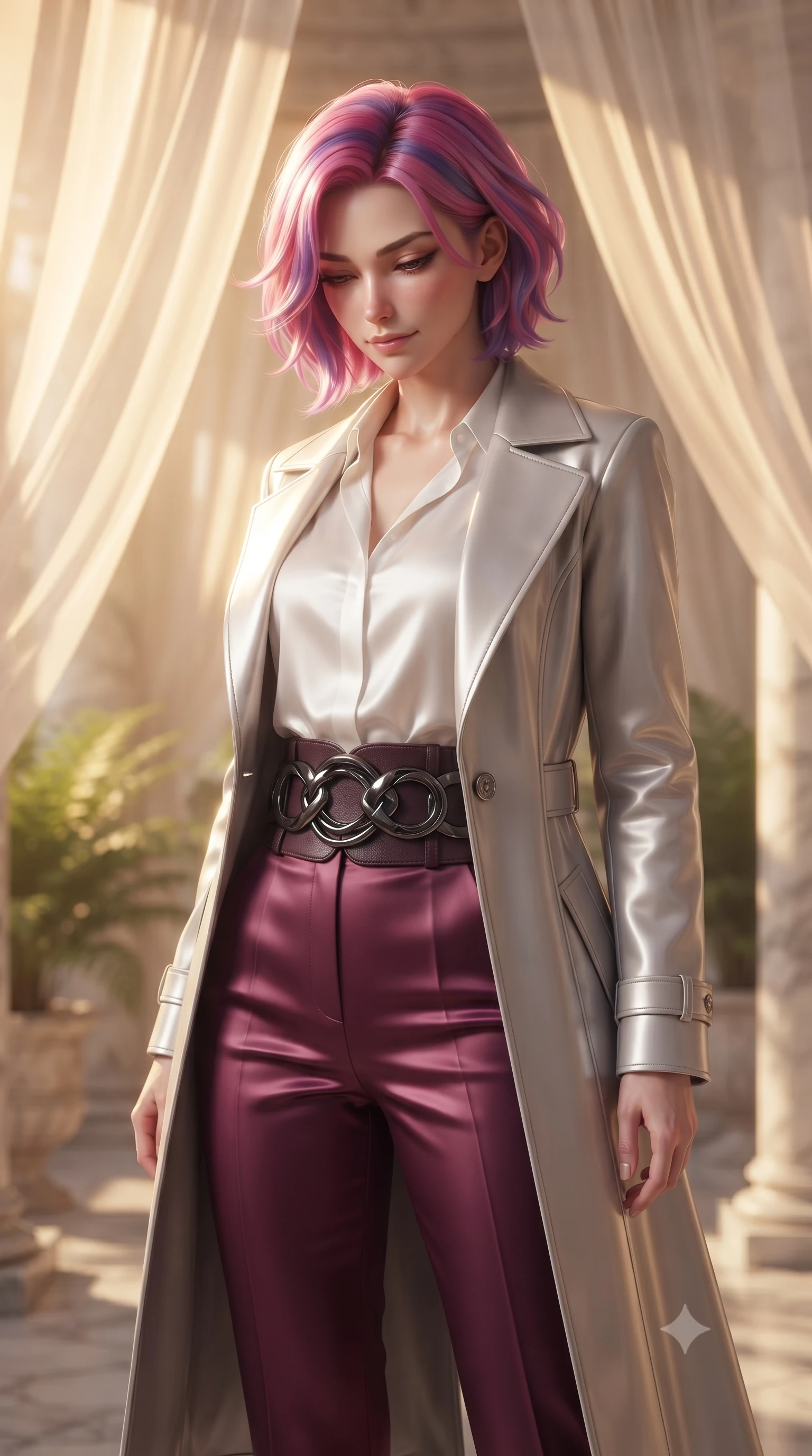 score_9, masterpiece, best quality, ultra-detailed, high-budget anime keyframe, editorial fashion photography, tasteful artistic composition, Caucasian woman. close-up cowboy shot from the waist and thighs up, the character dominates the composition, filling the frame with her large presence, background elements kept in soft focus. Looking down with lowered lashes and a composed, powerful dark aura, standing in a private sun-drenched marble solarium under a wavering sheer canopy, sheer ivory fabric gently wrapping around her slender athletic build. She has an exceptionally elegant, slender, and willowy female figure with an ultra-slim waist, a gracefully sculpted slender torso, and a refined silhouette. sharp v-shaped jawline, high-bridge nose, intricate jewel-like eyes with depth, thick eyelashes, glossy lips with a natural sheen. wearing structured platinum leather long coat over white silk blouse and tailored slacks in dark plum violet, made of soft crimson satin, accented with sculpted obsidian chrome rings at the waist, highlighting her statuesque proportions and ultra-slim waistline. bathed in warm golden afternoon sunbeams filtering through sheer ivory linen. ultra-reflective glossy finish, specular highlights, metallic sheen, high-contrast stereoscopic depth, volumetric dynamic lighting, 2k, ultra detail, master piece, 9:16 ratio