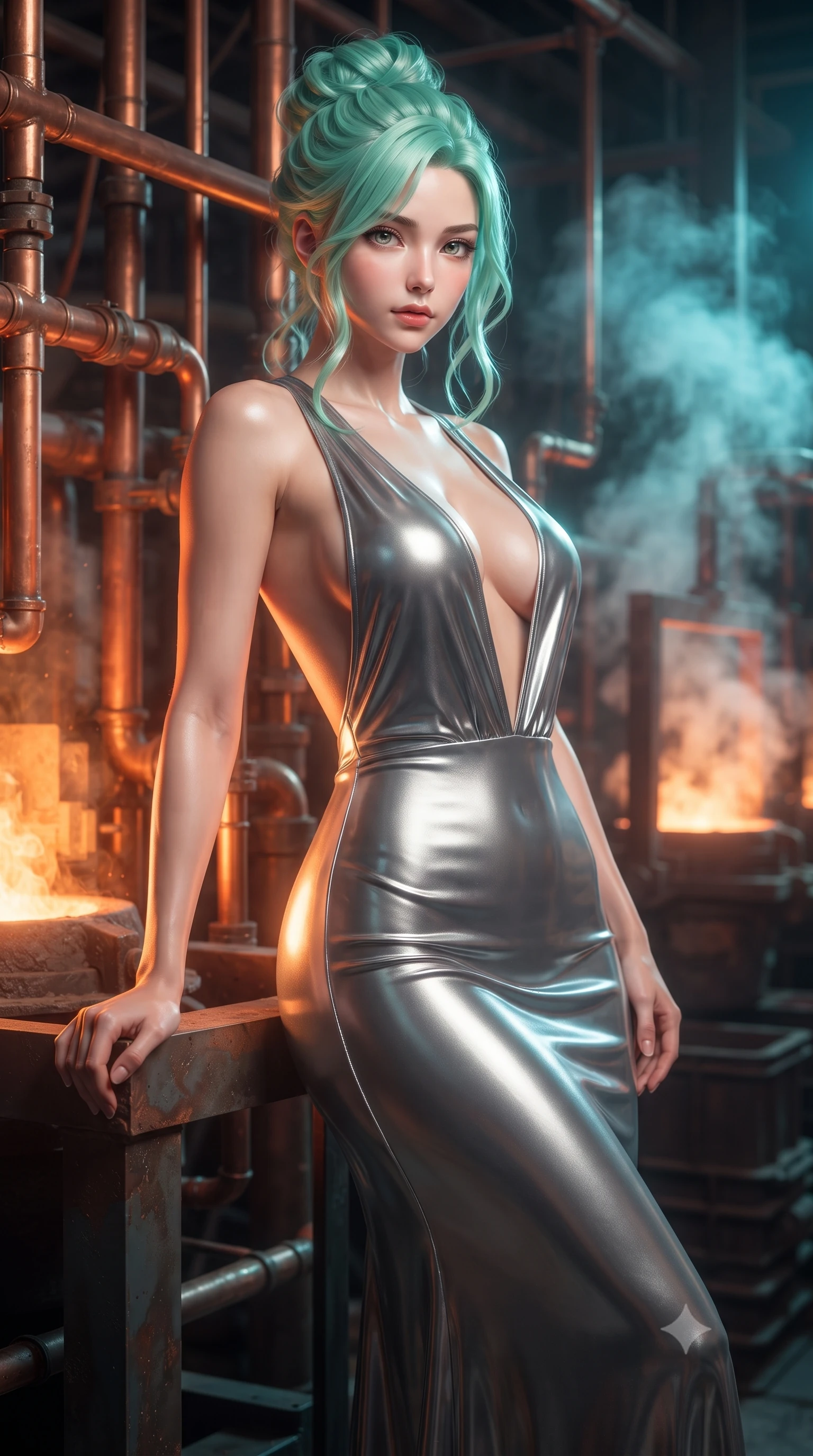 score_9, masterpiece, best quality, ultra-detailed, high-budget anime keyframe, editorial fashion photography, tasteful artistic composition, Japanese woman woman. close-up cowboy shot from the waist and thighs up, the character dominates the composition, filling the frame with her large presence, background elements kept in soft focus. She has an exceptionally elegant, slender, and willowy female figure with an ultra-slim waist, a gracefully sculpted slender torso, and a refined silhouette. leaning back effortlessly against the surrounding architecture with an air of magnetic superiority, flawlessly proportioned anatomical accuracy, natural body alignment, perfectly sculpted elegant limbs, clean dynamic posture without body distortion. set against a soft-focus background of a copper pipe industrial foundry with liquid aurora crucibles. wearing a deep plunging V-neck maxi dress in liquid silver jersey with a daring open-back. bathed in intense orange furnace light clashing with cool cyan steam highlights. ultra-reflective glossy finish, specular highlights, metallic sheen, high-contrast stereoscopic depth, volumetric dynamic lighting, 2k, ultra detail, master piece, 9:16 ratio
