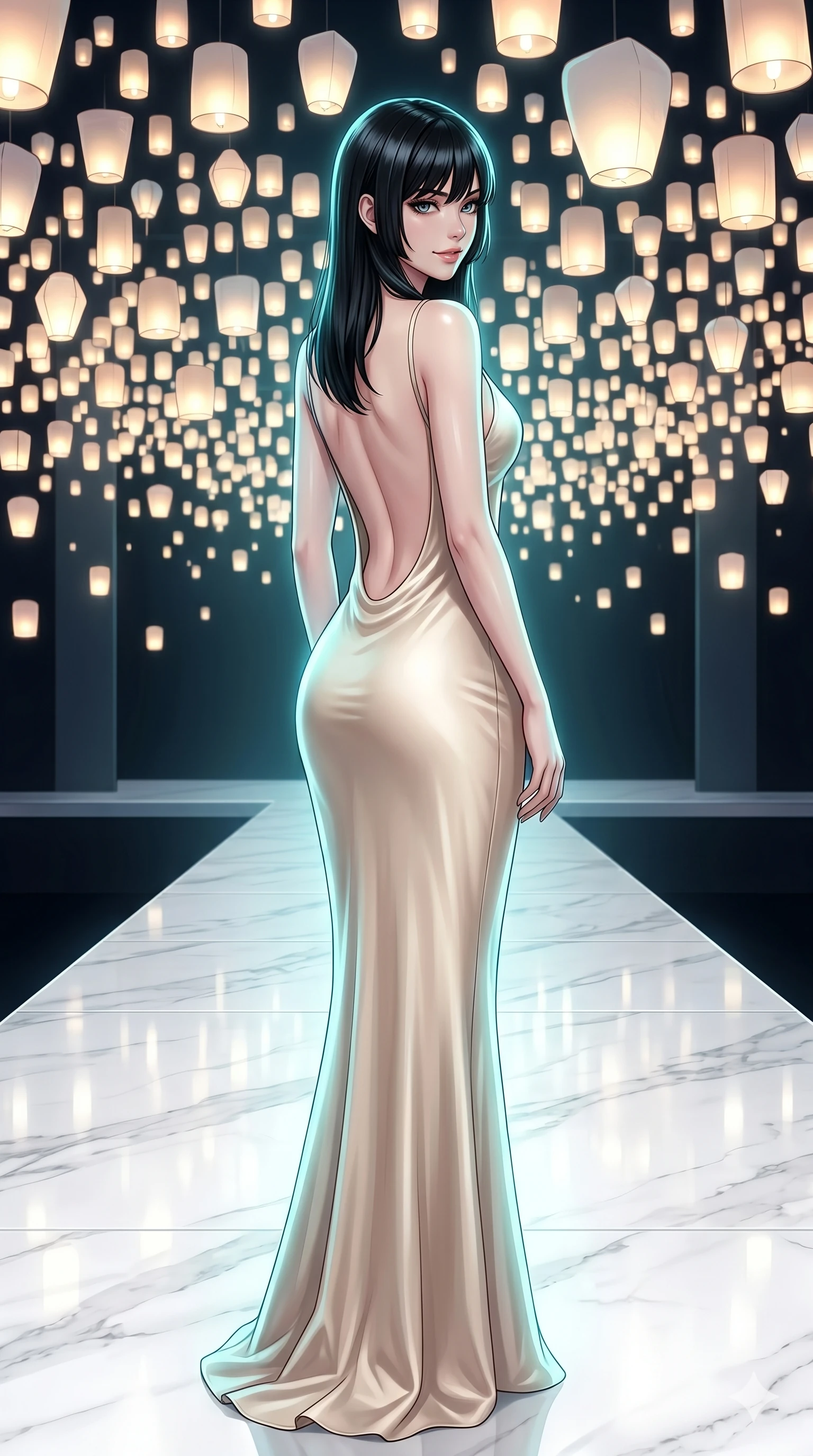 score_9, masterpiece, best quality, ultra-detailed, high-budget anime keyframe, editorial fashion photography, tasteful artistic composition, Caucasian woman, strictly human ears. cowboy shot from the thighs up, character and outfit filling the frame for maximum editorial presence. Glancing sidelong over her shoulder with a smoldering half-smile on a runway of polished white marble under a canopy of thousands of floating luminous lanterns. She has an absolutely perfect 8-heads proportion, an exceptionally tall and slender female figure with impossibly long slender legs and an ultra-slim waist. V-shaped jawline, high-bridge nose, intricate jewel-like eyes with depth, thick eyelashes, glossy lips with a natural sheen. wearing a champagne bias-cut silk slip gown with spaghetti straps and a dramatically scooped open back descending to the base of the spine, the fluid fabric clinging to every curve as it falls to the floor. illuminated by soft aqua bioluminescent light that makes her skin luminously glow against the dark. 2k, ultra detail, master piece, 9:16 ratio