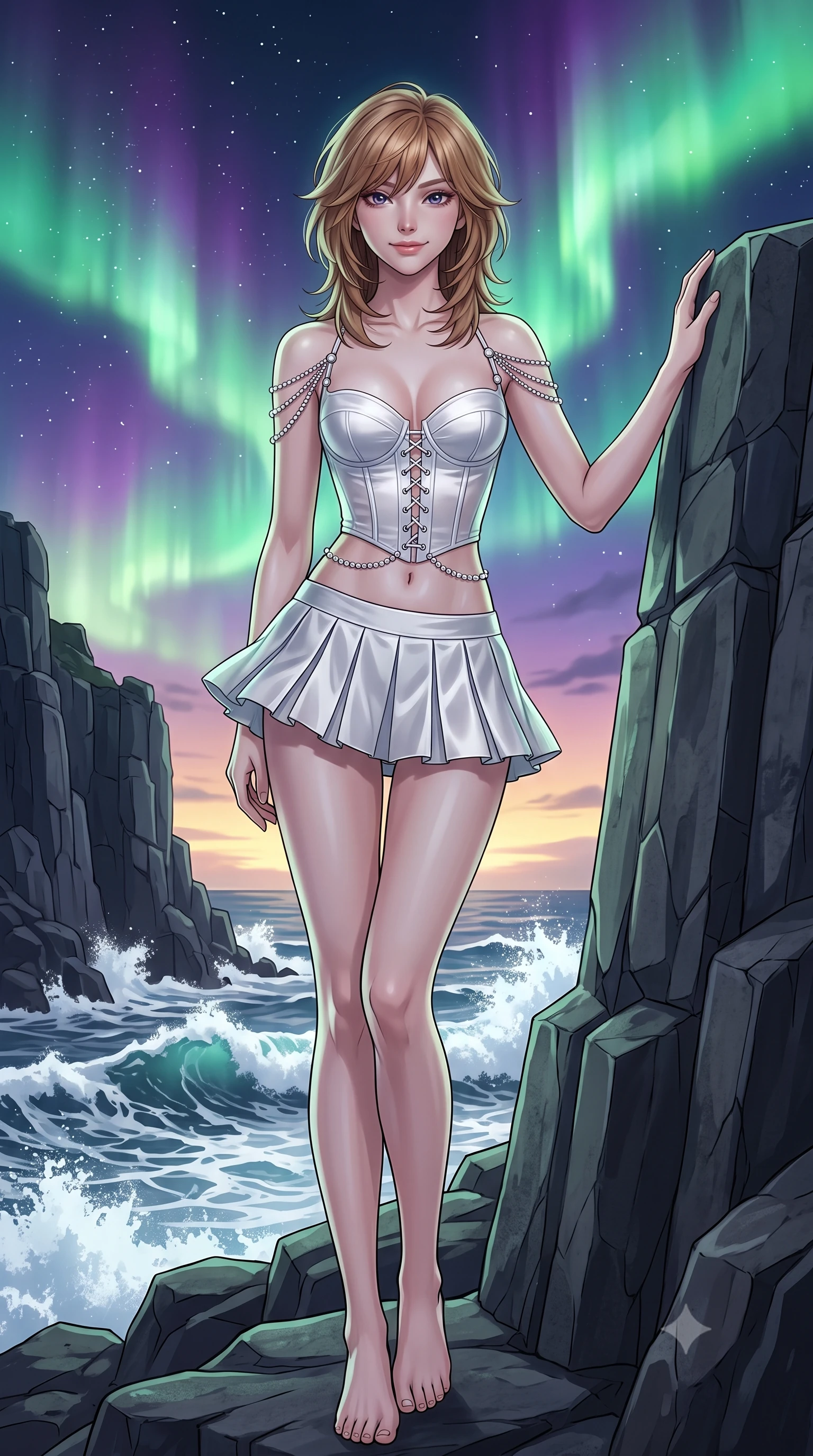 score_9, masterpiece, best quality, ultra-detailed, high-budget anime keyframe, editorial fashion photography, tasteful artistic composition, Korean woman. low angle full-body shot from head to toe showing her feet, filling the entire 9:16 vertical frame with her statuesque presence, stretching her vertical silhouette. standing tall beside the architectural column, one hand resting high while arching her lower back to emphasize her sculpted feminine hips and slender waist while leaning against the smooth geometric basalt rock pillar with hips cocked back, looking out at crashing North Atlantic whitecaps with smoldering bedroom-eyes. The surrounding environment is rendered in vivid detail and crisp panoramic clarity: detailed garment texture, windblown draping, and dramatic geological formations in high resolution. She has an exceptionally tall and slender model-like 8.5-heads proportion, an ultra-slim waist, a flat toned midriff, narrow delicate ribcage, and beautifully sculpted feminine hips creating a graceful, slim hourglass silhouette without any bulky heaviness, with impossibly long slender legs. sharp v-shaped jawline, high-bridge nose, intricate jewel-like sparkling eyes with depth, thick eyelashes, glossy parted lips with a natural peach sheen, bright cheerful beaming smile with an enchanting and coquettish sensual glint, exuding both youthful cute charm and seductive allure, flawlessly proportioned anatomical accuracy, strict slender model proportions, natural body alignment, perfectly sculpted long slender limbs, ultra-slim waistline, clean dynamic posture without body distortion. wearing a structured Seville boned lace-up bustier top paired with an ultra-short low-rise pleated micro mini skirt in pure translucent crystal white and liquid platinum, crafted from fluid liquid silk satin that clings smoothly to her narrow waist and rounded hips with a dewy sheen, accented with a pearl-drop body harness subtly framing her dewy collarbones and spine, the precision-cut side openings and low-back scoop framing her graceful spine and the sensual sweep of her slim, toned hips. bathed in the ethereal 5200K phosphorescent green-and-violet illumination of active aurora borealis curtains mixed with twilight glow. ultra-reflective glossy finish, specular highlights, rich textural contrasts, high-contrast stereoscopic depth, volumetric dynamic lighting, 2k, ultra detail, master piece, 9:16 ratio