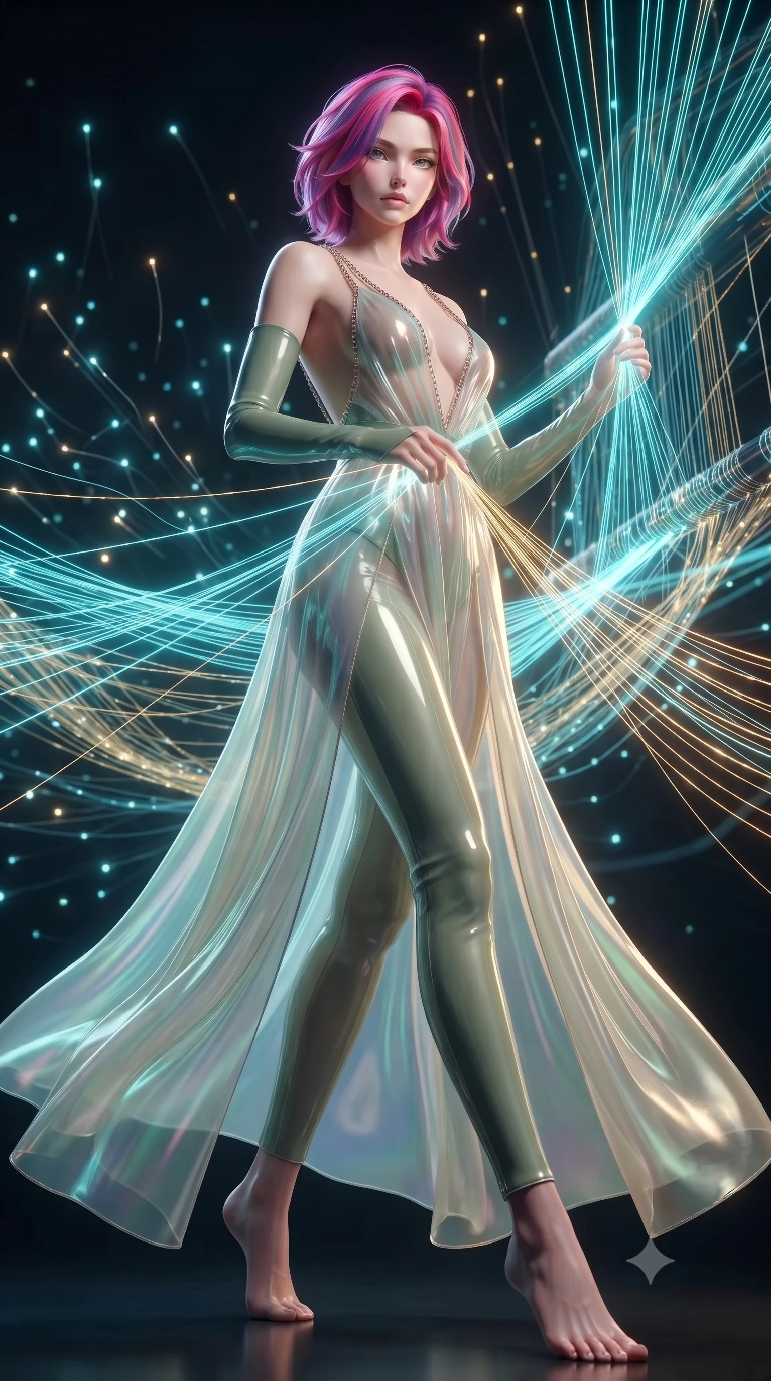 score_9, masterpiece, best quality, ultra-detailed, high-budget anime keyframe, editorial fashion photography, tasteful artistic composition, Caucasian woman. low angle full-body shot from head to toe showing her feet, filling the entire 9:16 vertical frame with her statuesque presence, stretching her vertical silhouette. stepping forward with proud posture, filling the vertical frame with her magnetic presence threading fluorescent fiber optic lines on a massive 3D light loom, glowing fiber optic motes drifting like fireflies in the background. She has an absolutely perfect, statuesque 8.5-heads proportion, an exceptionally tall and slender model-like female figure with impossibly long slender legs and an ultra-slim waist. sharp v-shaped jawline, high-bridge nose, intricate jewel-like eyes with depth, thick eyelashes, glossy lips with a natural sheen. wearing a translucent iridescent chiffon gown with a plunging neckline and open back in sage green and oatmeal, tailored from high-gloss patent leather, adorned with delicate metallic chain straps along the neckline, the glove-like fit emphasizing her statuesque silhouette. illuminated by the brilliant glow of cyan and gold luminescent threads. ultra-reflective glossy finish, specular highlights, metallic sheen, high-contrast stereoscopic depth, volumetric dynamic lighting, 2k, ultra detail, master piece, 9:16 ratio