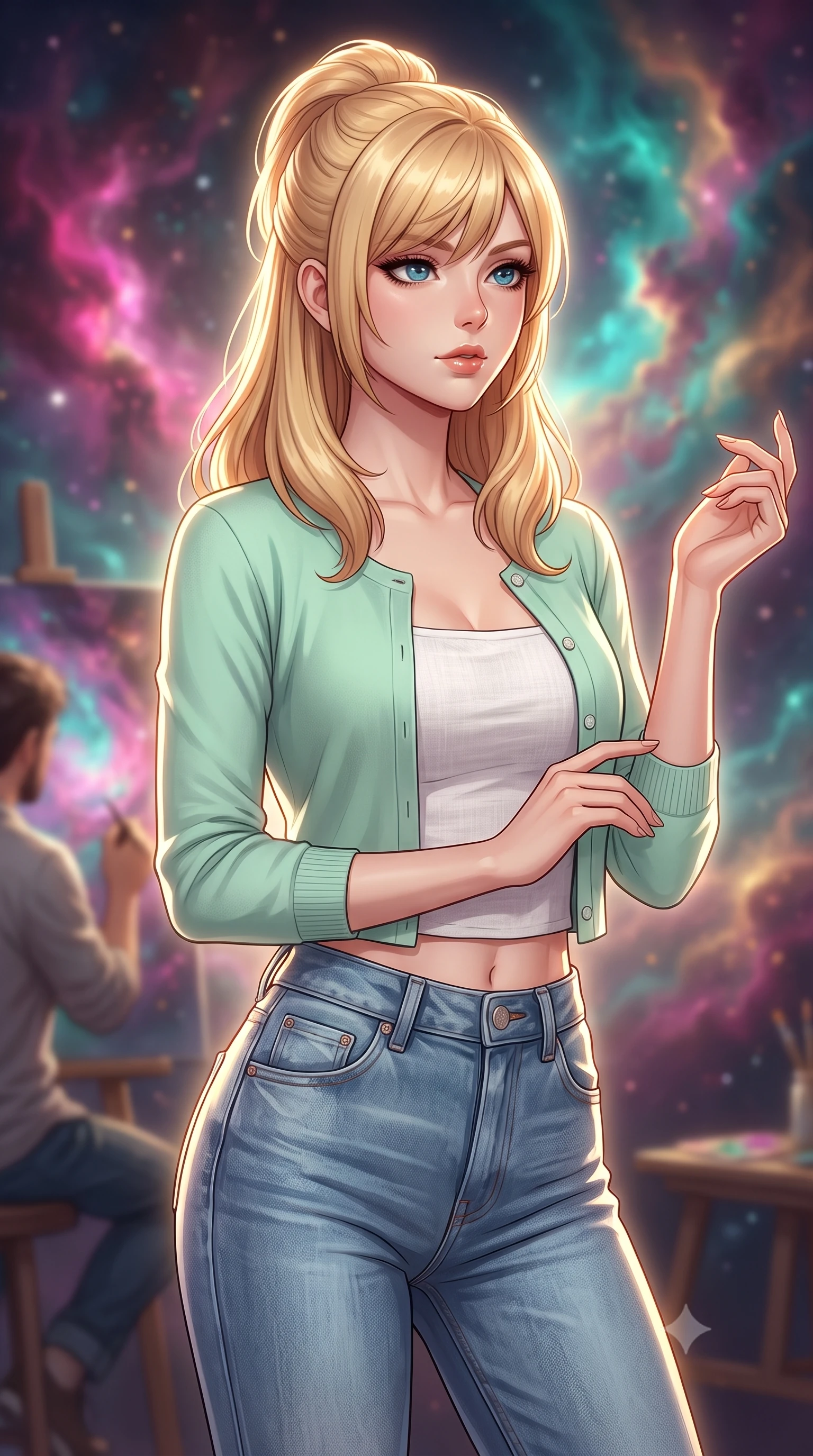 score_9, masterpiece, best quality, ultra-detailed, high-budget anime keyframe, editorial fashion photography, tasteful artistic composition, Caucasian woman, strictly human ears. close-up cowboy shot from the waist and thighs up, the character dominates the composition, filling the frame with her large presence, background elements kept in soft focus. Gazing past the camera with an air of effortless superiority. set against a soft-focus background of a cosmic art studio where the artist paints with actual nebula gases swirling colors of magenta teal and gold in three-dimensional space each brushstroke remaining suspended as a luminous volumetric sculpture. She has an exceptionally elegant and slender, willowy female figure with an ultra-slim waist, a gracefully sculpted slender torso, and a refined slim physique. sharp v-shaped jawline, high-bridge nose, intricate jewel-like eyes with depth, thick eyelashes, glossy lips with a natural sheen. wearing a pastel mint green cropped cardigan over a white linen top, paired with high-waisted washed blue jeans. dramatic backlight creating a radiant halo effect around her entire silhouette. 2k, ultra detail, master piece, 9:16 ratio