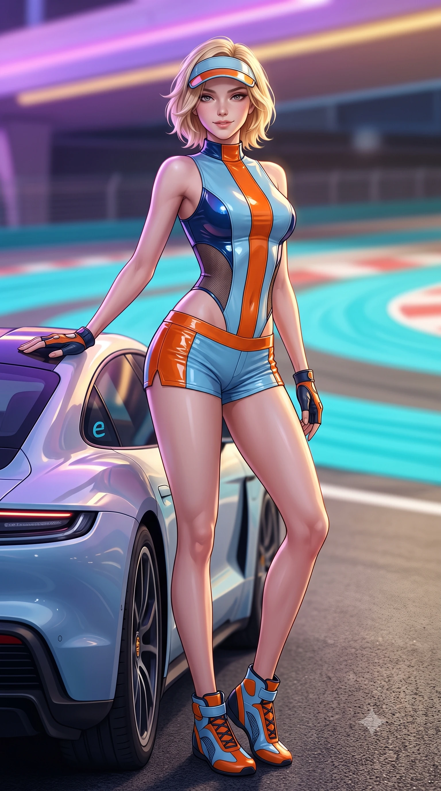 score_9, masterpiece, best quality, ultra-detailed, high-budget anime keyframe, semi-realistic 3D game render, editorial fashion photography, tasteful artistic composition, Caucasian woman. low angle full-body shot from head to toe showing her feet, filling the entire 9:16 vertical frame with her statuesque presence, stretching her vertical silhouette. standing in a tall, confident posture with one hand on the sports car roof, stretching her statuesque body as she arches her lower back to emphasize her sculpted feminine hips and slender waist while twisting her slender torso in an alluring S-curve, dynamic LED color shifts from the hotel canopy illuminating her tight racing outfit and hips. The background shows a soft-focus racing curbs painted in bright turquoise and illuminated track runoff zones softened in ultramodern Grand Prix shallow focus. She has an absolutely perfect, statuesque 8.5-heads proportion, an exceptionally tall and slender model-like female figure with impossibly long slender legs, an ultra-slim waist, a flat toned midriff, narrow delicate ribcage, and beautifully sculpted feminine hips creating a graceful, slim hourglass silhouette without any bulky heaviness. sharp v-shaped jawline, high-bridge nose, sparkling eyes with athletic focus and depth, thick curled eyelashes, glossy parted lips with a natural coral-peach sheen, bright confident and coquettish smile with alluring bedroom-eyes, exuding both youthful sporty vigor and sovereign high-society glamour, flawlessly proportioned anatomical accuracy, strict slender model proportions, natural body alignment, perfectly sculpted long slender limbs, ultra-slim waistline, clean dynamic posture without body distortion. wearing a cut-out racing bodysuit with side-torso mesh inserts and low-rise tailored tennis shorts in vintage Porsche Gulf blue and vibrant race orange, made of high-gloss reflective patent leather with mirror-like specular highlights, accented with a sporty retro tennis visor and fingerless leather driving gloves, the liquid-tight tailored fabric clinging flawlessly to her narrow waist and rounded feminine hips, emphasizing every millimeter of her sculpted slim hourglass curves without any bulky heaviness. illuminated by track floodlight bounce and sharp violet-gold rim lights sculpting her razor-sharp jawline, narrow waist, and curvy hips. highly saturated vibrant anime colors, detailed shading with soft gradients, rich glossy textures, high-contrast stereoscopic depth, volumetric dynamic lighting, master piece, 9:16 ratio