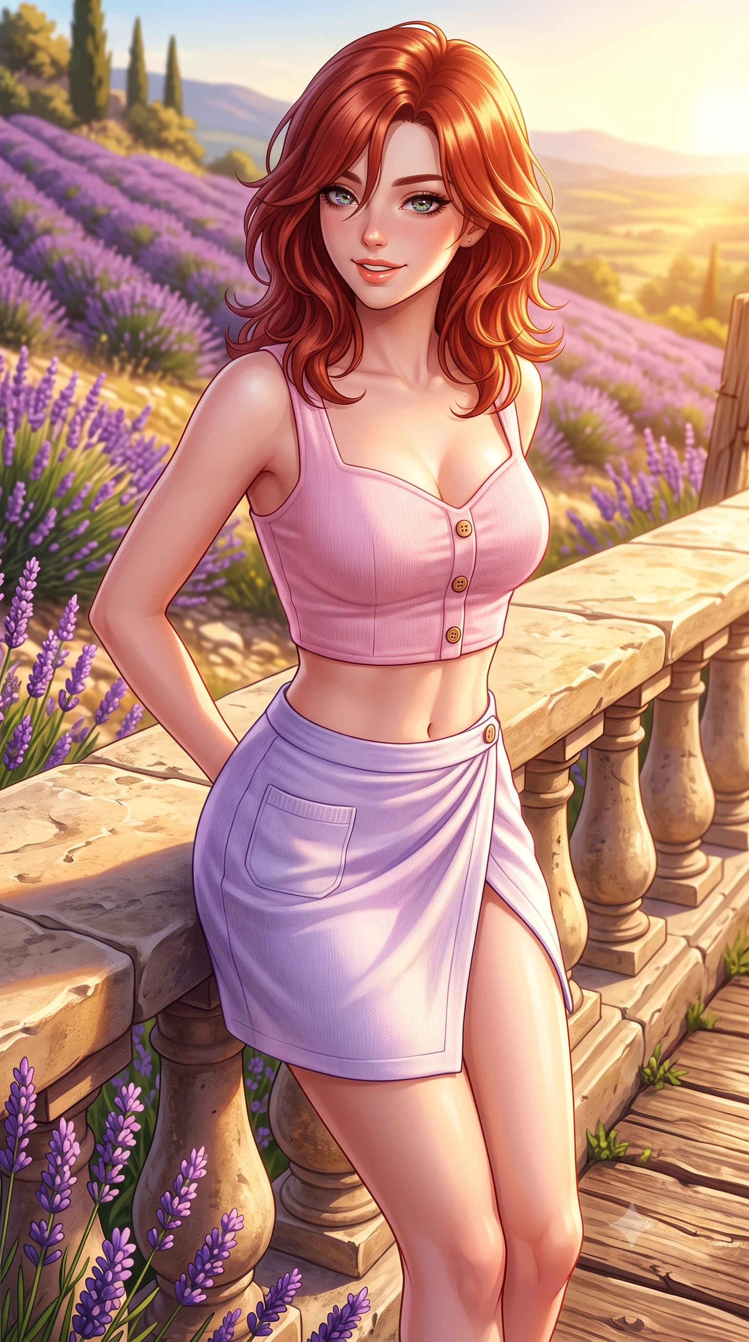 score_9, masterpiece, best quality, ultra-detailed, high-budget anime keyframe, semi-realistic 3D game render, editorial fashion photography, tasteful artistic composition, Korean woman. close-up cowboy shot from the waist and thighs up, the character dominates the composition, filling the frame with her large presence. resting both hands lightly behind her back while leaning toward the lens with a cheerful, teasing grin, her form-fitting outfit hugging her narrow waist and feminine hip curve while leaning against a sun-warmed stone balustrade with hips cocked back, looking over her shoulder with an intoxicating, sun-dazed bedroom-gaze. The surrounding environment is rendered in vivid detail and crisp panoramic clarity. sharp limestone flagstone textures, lavender flower spike details, and weathered wood grain in deep focus. She has an exceptionally elegant, slender, and willowy female figure with an ultra-slim waist, flat toned midriff, narrow ribcage, and sculpted feminine hips creating an alluring, slim hourglass silhouette without bulk. sharp v-shaped jawline, high-bridge nose, intricate jewel-like sparkling eyes with depth, thick eyelashes, glossy parted lips with a natural peach sheen, bright cheerful beaming smile with an enchanting and coquettish sensual glint, exuding both youthful cute charm and seductive allure, flawlessly proportioned anatomical accuracy, strict slender model proportions, natural body alignment, perfectly sculpted long slender limbs, ultra-slim waistline, clean dynamic posture without body distortion. wearing a sweetheart-neckline baby-pink crop top with a high-slit wrap mini skirt accentuating her waist-to-hip curve in delicate lavender violet and pearlescent white, crafted from soft cozy cashmere yarn with an airy drape, finished with neat front wooden buttons and delicate pocket details, the form-contouring cut accentuating her sculpted flat midriff, narrow delicate ribcage, and gracefully curvy hips with supermodel precision. bathed in brilliant golden hour southern French sunlight streaming across the purple hillside. highly saturated vibrant anime colors, detailed shading with soft gradients, rich glossy textures, high-contrast stereoscopic depth, volumetric dynamic lighting, master piece, 9:16 ratio