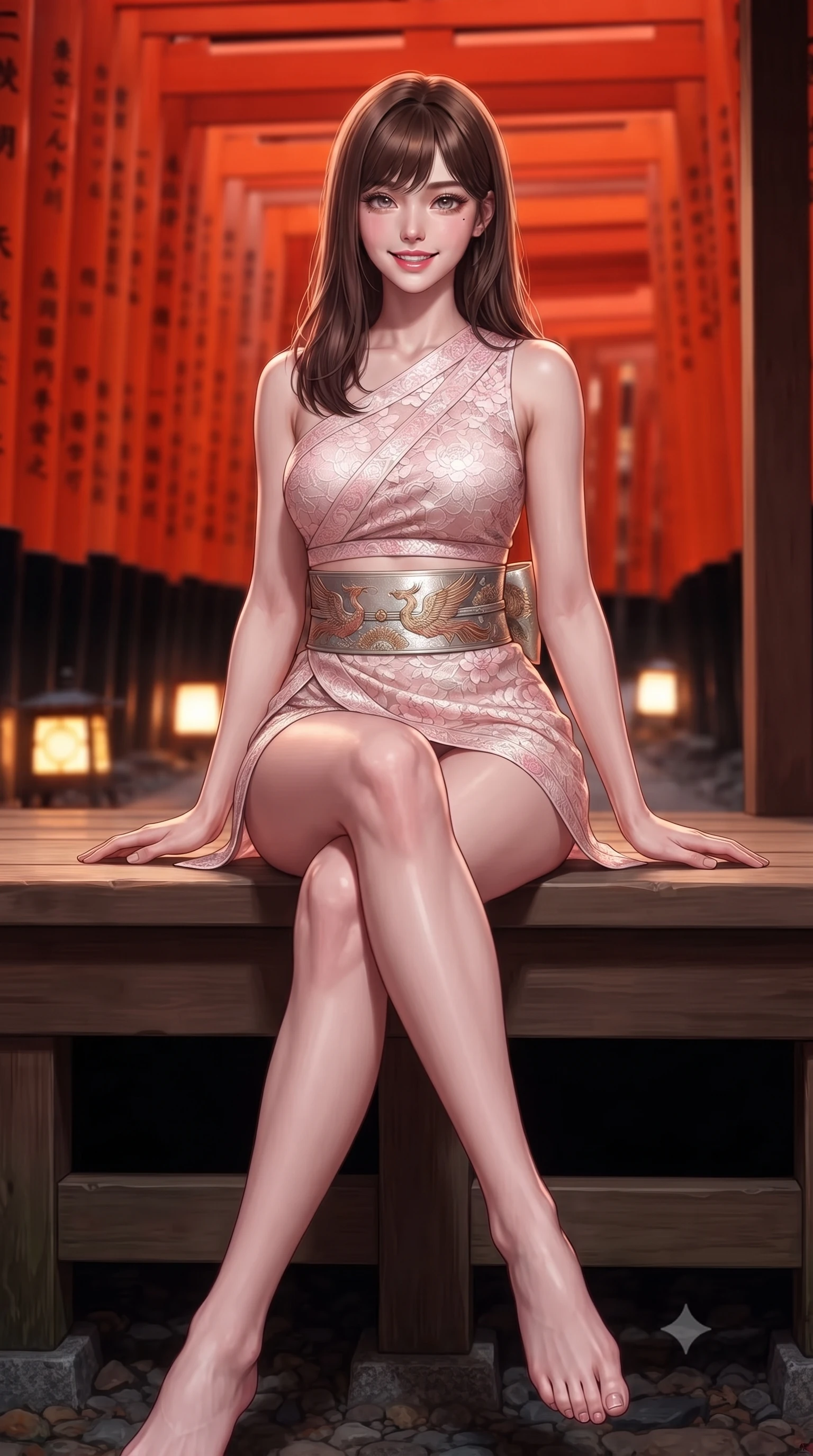 score_9, masterpiece, best quality, ultra-detailed, high-budget anime keyframe, editorial fashion photography, tasteful artistic composition, Korean woman. low angle full-body shot from head to toe showing her feet, filling the entire 9:16 vertical frame with her statuesque presence, stretching her vertical silhouette. sitting perched on the elevated pavilion terrace edge with legs crossed and hips angled toward the camera, displaying her toned midriff and long slender limbs with joyful, coquettish charm while pausing beneath an illuminated mountain shrine archway, her statuesque presence commanding the sacred vermilion tunnel. The background shows a soft-focus thousands of tightly packed vermilion torii gates curving up Mount Inari blurred into fiery scarlet, vermilion, and forest shadow bokeh. She has an absolutely perfect, statuesque 8.5-heads proportion, an exceptionally tall and slender model-like female figure with impossibly long slender legs, an ultra-slim waist, a flat toned midriff, narrow delicate ribcage, and beautifully sculpted feminine hips creating a graceful, slim hourglass silhouette without any bulky heaviness. sharp v-shaped jawline, high-bridge nose, intricate jewel-like dark sparkling almond eyes with depth, thick lashes, glossy parted lips with a natural rose-plum sheen, bright alluring and coquettish smile with bedroom-eyes, exuding both timeless oriental elegance and sovereign high-fashion allure, flawlessly proportioned anatomical accuracy, strict slender model proportions, natural body alignment, perfectly sculpted long slender limbs, ultra-slim waistline, clean dynamic posture without body distortion. wearing a sleek two-piece set featuring an asymmetric cross-over crop top and a wrap-around micro skirt tracing her hips in soft cherry blossom pink and pearlescent ivory, woven from delicate semi-opaque floral lace with oriental peony patterns, finished with a wide metallic obi sash with intricate embroidered phoenix motifs, the precision-cut side hip slits and low-back scoop framing her graceful spine and the sensual sweep of her slim, toned hips. illuminated by low pathway lanterns and sharp ruby-gold rim lights defining her razor-sharp jawline, narrow waist, and curvy hips. ultra-reflective glossy finish, specular highlights, rich textural contrasts, high-contrast stereoscopic depth, volumetric dynamic lighting, 2k, ultra detail, master piece, 9:16 ratio