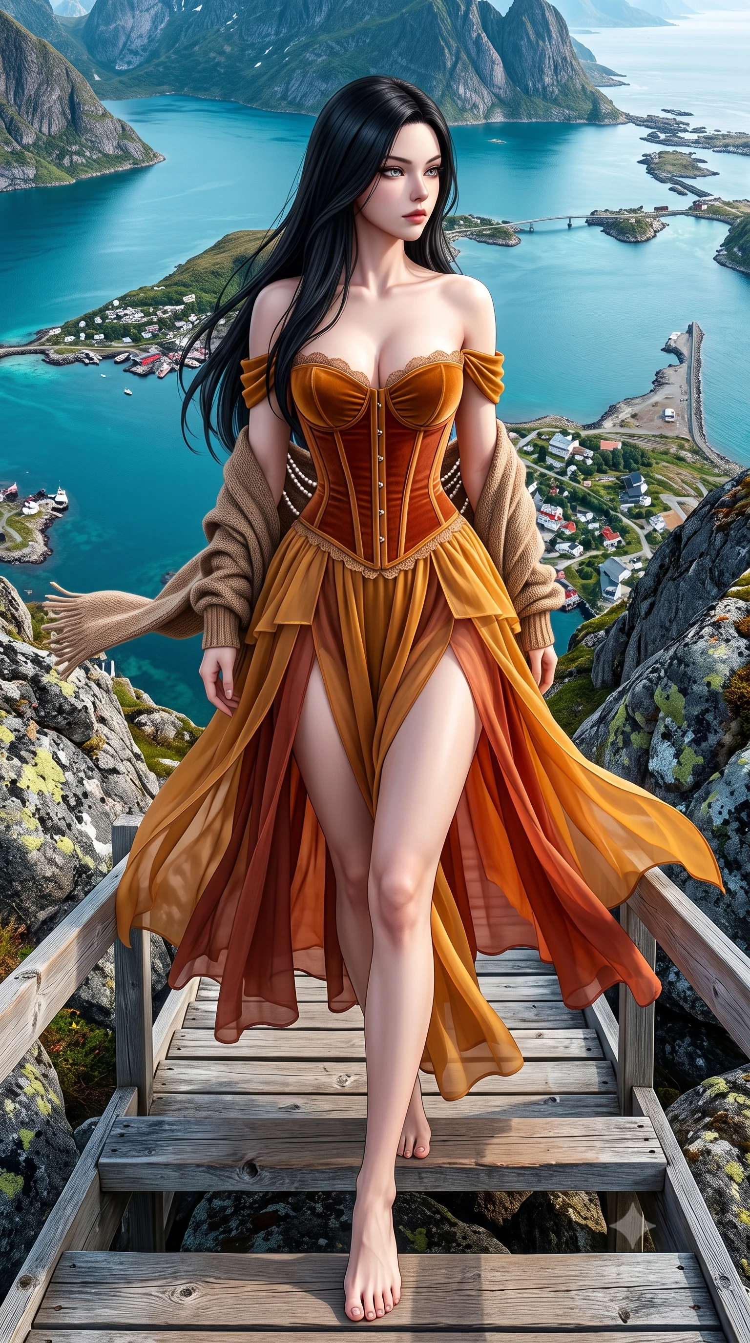 score_9, masterpiece, best quality, ultra-detailed, high-budget anime keyframe, semi-realistic 3D game render, editorial fashion photography, tasteful artistic composition, Korean woman. low angle full-body shot from head to toe showing her feet, filling the entire 9:16 vertical frame with her statuesque presence, stretching her vertical silhouette. striding forward in a proud supermodel runway stride, hips swaying in an alluring kinetic rhythm that accentuates her curvy hourglass silhouette while turning in an alluring contrapposto stance as cool Arctic winds whip her knit shawl, gazing out over the labyrinth of granite islands and turquoise waters. The surrounding environment is rendered in vivid detail and crisp panoramic clarity. sharp wooden staircase plank grain, mountain lichen textures, and fjord water ripple clarity in deep focus. She has an exceptionally tall and slender model-like 8.5-heads proportion, an ultra-slim waist, a flat toned midriff, narrow delicate ribcage, and beautifully sculpted feminine hips creating a graceful, slim hourglass silhouette without any bulky heaviness, with impossibly long slender legs. sharp v-shaped jawline, high-bridge nose, intricate jewel-like eyes with depth, thick eyelashes, glossy parted lips with a natural sheen, intensely captivating and seductive bedroom-eyes expression, flawlessly proportioned anatomical accuracy, strict slender model proportions, natural body alignment, perfectly sculpted long slender limbs, ultra-slim waistline, clean dynamic posture without body distortion. wearing an off-shoulder French court corset bodice dress paired with a tiered translucent chiffon slit skirt in molten desert gold and burnt terracotta, woven from layered gossamer chiffon with a weightless sweeping drape, accented with a multi-strand pearl back necklace cascading down her bare spine to her hips, the second-skin form-contouring cut accentuating her sculpted flat midriff, narrow delicate ribcage, and gracefully curvy hips with supermodel precision. illuminated by cool fjord water ambient fill contouring her razor-sharp jawline, narrow waist, and curvy hips. highly saturated vibrant anime colors, detailed shading with soft gradients, rich glossy textures, high-contrast stereoscopic depth, volumetric dynamic lighting, master piece, 9:16 ratio
