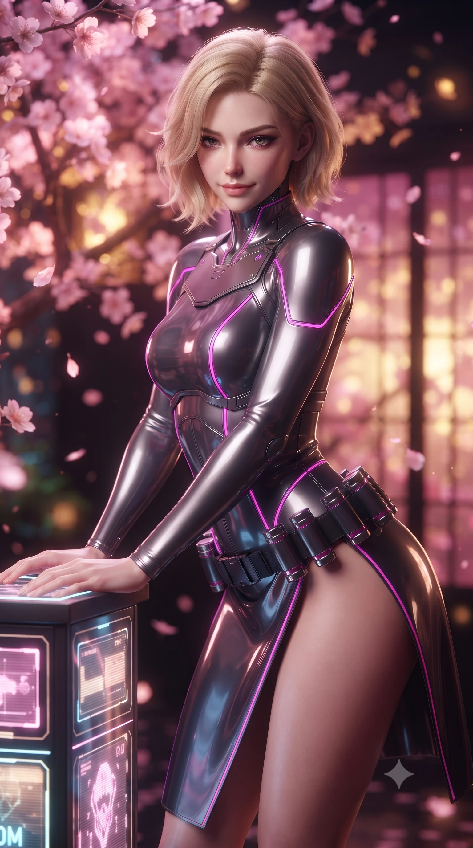score_9, masterpiece, best quality, ultra-detailed, high-budget anime keyframe, editorial fashion photography, tasteful artistic composition, Caucasian woman. close-up cowboy shot from the waist and thighs up, the character dominates the composition, filling the frame with her large presence. resting both hands lightly on the holoscreen pedestal while leaning toward the lens with a teasing smirk, her tight combat suit hugging her narrow waist and feminine hip curve while standing poised beside a glowing holographic cherry blossom tree with hips cocked back, looking into the camera with bedroom-eyes. The background shows a soft-focus drifting holographic pink sakura blossoms and glowing digital shoji screens blurred into cherry blossom pink, gold, and midnight black bokeh. She has an exceptionally elegant, slender, and willowy female figure with an ultra-slim waist, flat toned midriff, narrow ribcage, and sculpted feminine hips creating an alluring, slim hourglass silhouette without bulk. sharp v-shaped jawline, high-bridge nose, intricate jewel-like sparkling eyes with depth, thick eyelashes, glossy parted lips with a natural sheen, bright confident smile with an enchanting and coquettish sensual glint, exuding both youthful magnetic charm and sovereign high-tech allure, flawlessly proportioned anatomical accuracy, strict slender model proportions, natural body alignment, perfectly sculpted long slender limbs, ultra-slim waistline, clean dynamic posture without body distortion. wearing a cyber-samurai tactical suit featuring a shortened carbon chestplate and high-slit armored wrap skirt in deep titanium gunmetal and radiant magenta neon, tailored from ultra-reflective glossy liquid vinyl with mirror-like specular highlights, accented with a sleek utility belt with polished magnetic canisters resting loosely on her curvy hips, the high-waisted tailoring accentuating her ultra-slim waistline and the enchanting curve of her feminine hips with alluring dark charm. bathed in soft, romantic cherry-pink and warm amber holographic glow. ultra-reflective glossy finish, specular highlights, rich textural contrasts, high-contrast stereoscopic depth, volumetric dynamic lighting, 2k, ultra detail, master piece, 9:16 ratio