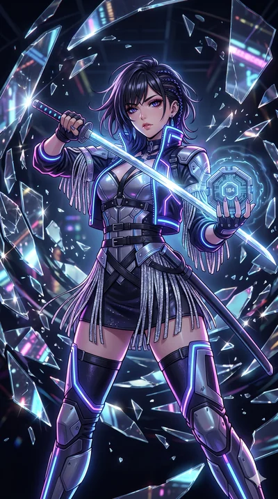 score_9, masterpiece, best quality, ultra-detailed, Set A: High-budget Anime Keyframe, Japanese woman. Low angle cowboy shot filling the entire 9:16 frame with her statuesque presence. Drawing a blade through a dimension of floating mirrors, holding 