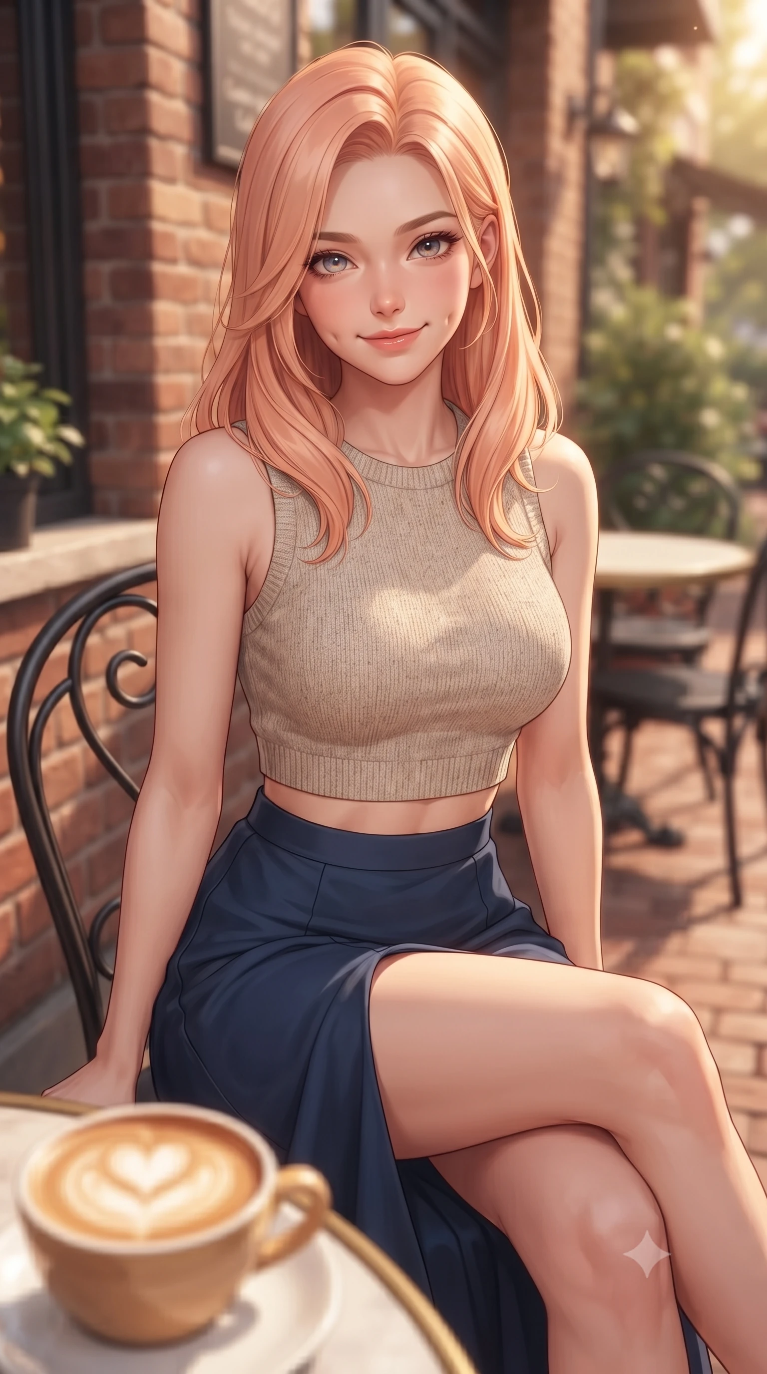 score_9, masterpiece, best quality, ultra-detailed, high-budget anime keyframe, editorial fashion photography, tasteful artistic composition, Japanese woman. close-up cowboy shot from the waist and thighs up, the character dominates the composition, filling the frame with her large presence, background elements kept in soft focus. smiling with soft, captivating dimples, casting a warm yet magnetic gaze directly into the lens set against a soft-focus background of at a cozy outdoor terrace table of a brick-walled bakery cafe with a warm cup of cafe latte with heart-shaped foam art on the table. She has an exceptionally elegant, slender, and willowy female figure with an ultra-slim waist, a gracefully sculpted slender torso, and a refined silhouette. sharp v-shaped jawline, high-bridge nose, intricate jewel-like eyes with depth, thick eyelashes, glossy lips with a natural sheen. wearing tailored crop top in oatmeal knit paired with a flowy midi skirt featuring a high side slit. warm golden lighting creating a cozy, relaxing weekend mood. ultra-reflective glossy finish, specular highlights, metallic sheen, high-contrast stereoscopic depth, volumetric dynamic lighting, 2k, ultra detail, master piece, 9:16 ratio