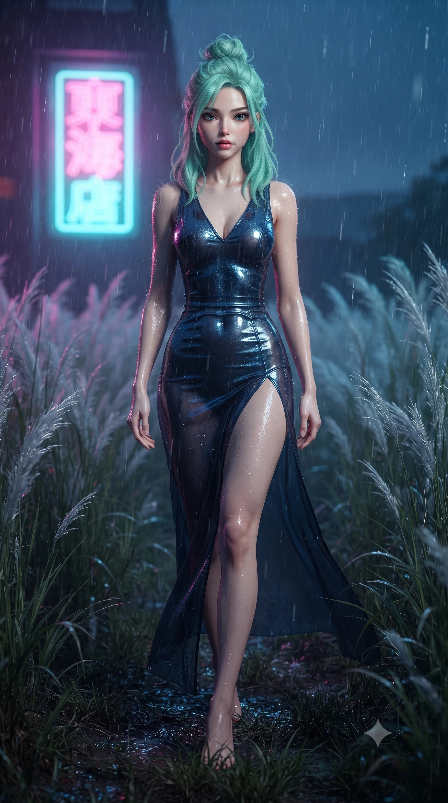score_9, masterpiece, best quality, ultra-detailed, High-budget Anime Keyframe, editorial fashion photography, tasteful artistic composition, realistic cosplay photography, East Asian woman. Dynamic full-body shot stretching the vertical silhouette to the limit. Scenario 392: walking through a field of tall silver grass at a glowing neon window at twilight with soft rain falling. Her presence is magnetic and overpowering in this high-budget cinematic scene. Outfit 392: a body-hugging translucent PVC liquid with a thigh-high slit and wet-look texture. The clothing is designed to emphasize her exceptionally tall and slender 8-heads proportion. 8-heads proportion, towering silhouette, ultra-slim waist. sharp v-shaped jawline, intricate jewel-like eyes with depth, thick eyelashes, glossy lips. ultra-reflective glossy finish, specular highlights, metallic sheen, high-contrast stereoscopic depth, volumetric dynamic lighting, 2k, ultra detail, master piece, 9:16 ratio