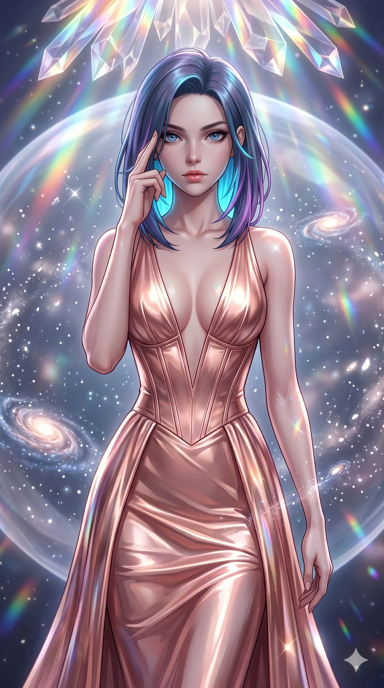 score_9, masterpiece, best quality, ultra-detailed, high-budget anime keyframe, editorial fashion photography, tasteful artistic composition, Caucasian woman, strictly human ears. close-up cowboy shot from the waist and thighs up, the character dominates the composition, filling the frame with her large presence, background elements kept in soft focus. Pressing two fingers to her temple in a composed thoughtful gesture. set against a soft-focus background of floating inside a giant transparent sphere where cosmic dust swirls like snow in slow-motion currents and miniature spiral galaxies spontaneously form and dissolve in the glittering cosmic medium. She has an exceptionally elegant and slender, willowy female figure with an ultra-slim waist, a gracefully sculpted slender torso, and a refined slim physique. sharp v-shaped jawline, high-bridge nose, intricate jewel-like eyes with depth, thick eyelashes, glossy lips with a natural sheen. wearing a floor-length gown in liquid rose gold, featuring an ultra-deep plunging V-neckline and a highly structured bodice. cascading rainbow prismatic light refracting through crystal formations overhead. 2k, ultra detail, master piece, 9:16 ratio