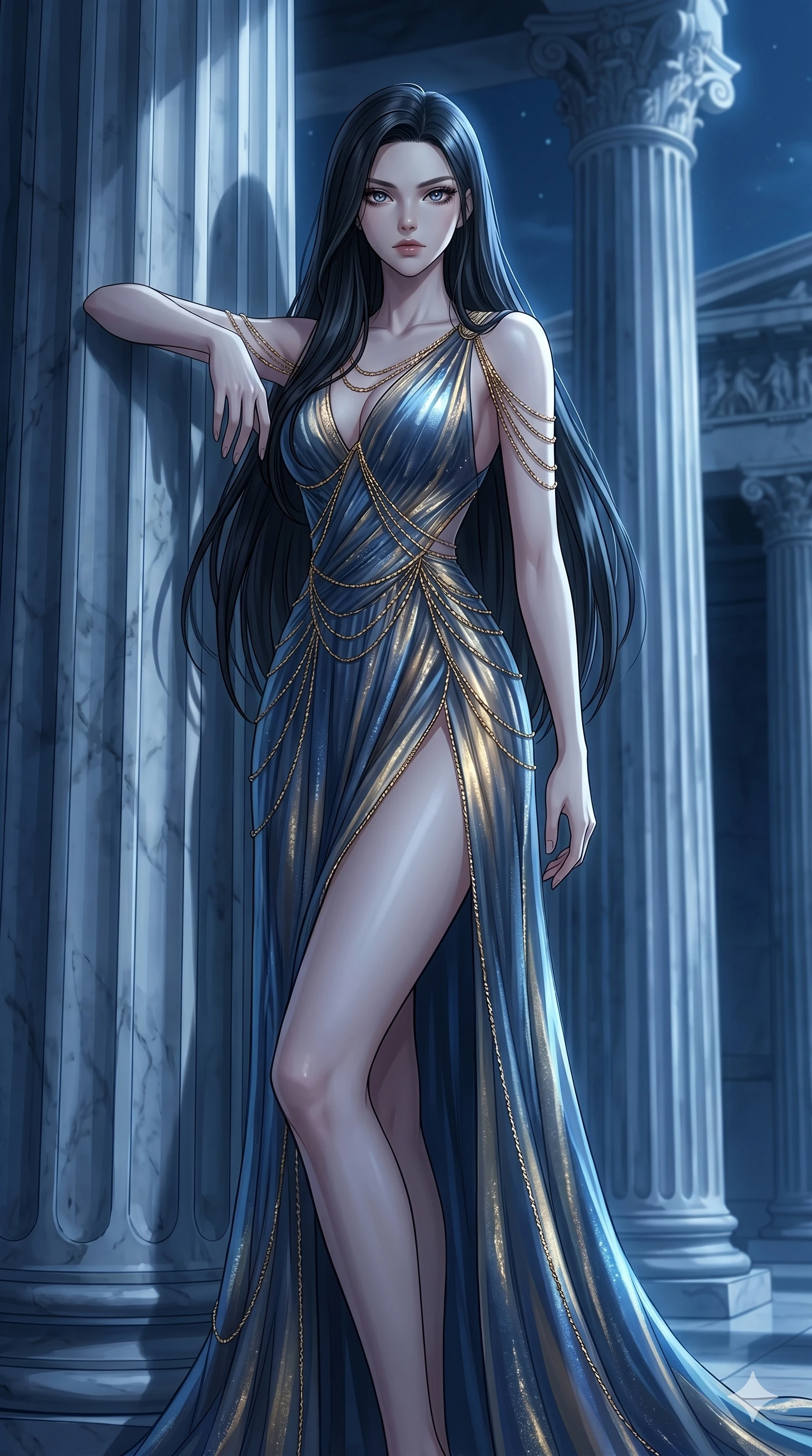 score_9, masterpiece, best quality, ultra-detailed, High-budget Anime Keyframe, East Asian woman. Low angle cowboy shot filling the entire 9:16 frame with her statuesque presence. Scenario 143: Leaning against a cold marble pillar in a moonlit greek temple. Her presence is magnetic and overpowering in this high-budget anime scene. Outfit 143: A shimmering chiffon liquid with a thigh-high slit and fine gold chains. The clothing is designed to emphasize her exceptionally tall and slender 8-heads proportion. 8-heads proportion, towering silhouette, ultra-slim waist. sharp v-shaped jawline, intricate jewel-like eyes with depth, thick eyelashes, glossy lips. 2k, ultra detail, master piece, 9:16 ratio